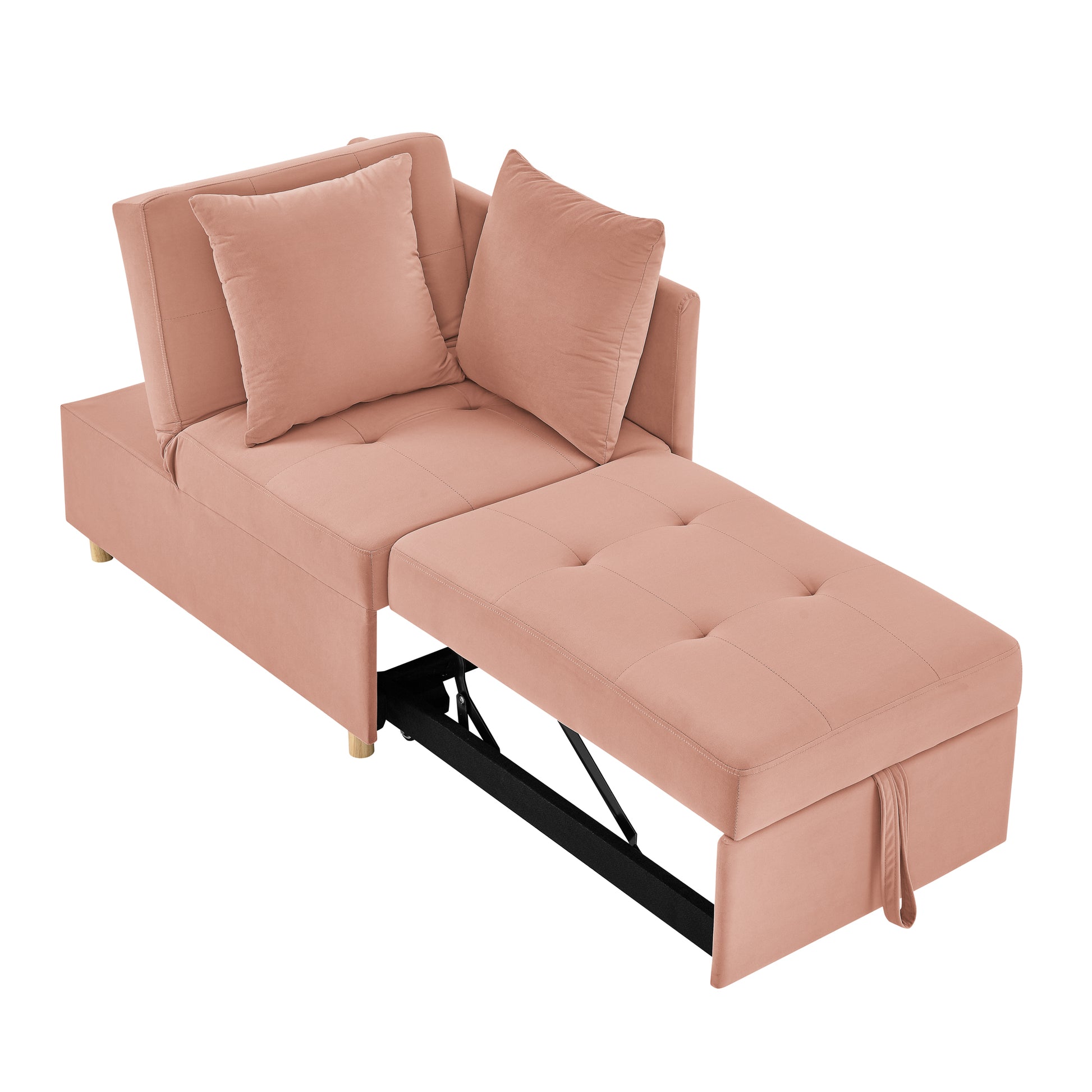 Pink velvet sofa bed with pullout chaise lounge and button tufting