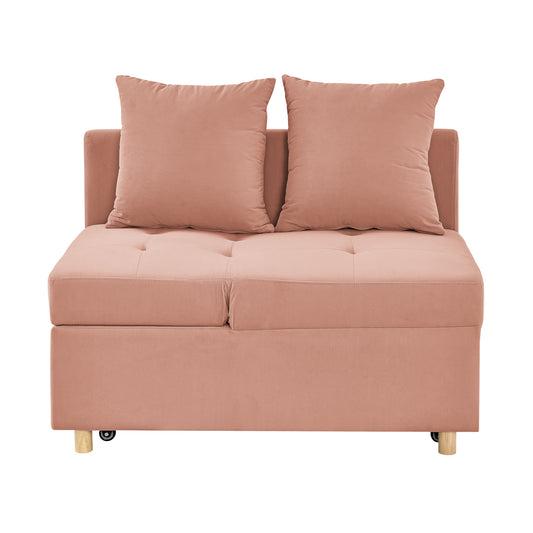 Dusty rose velvet loveseat with tufted seat and two square throw pillows