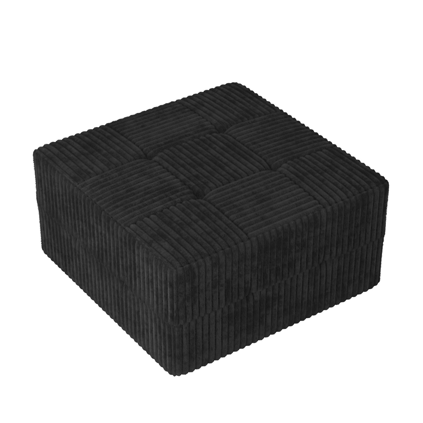 Black corduroy square ottoman with tufted top and ribbed sides