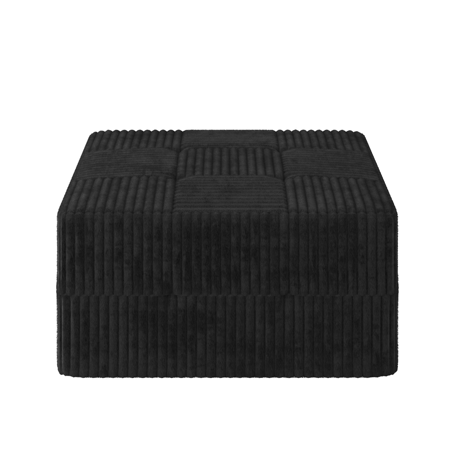 Black corduroy ottoman with tufted top perfect for footrest or extra seating
