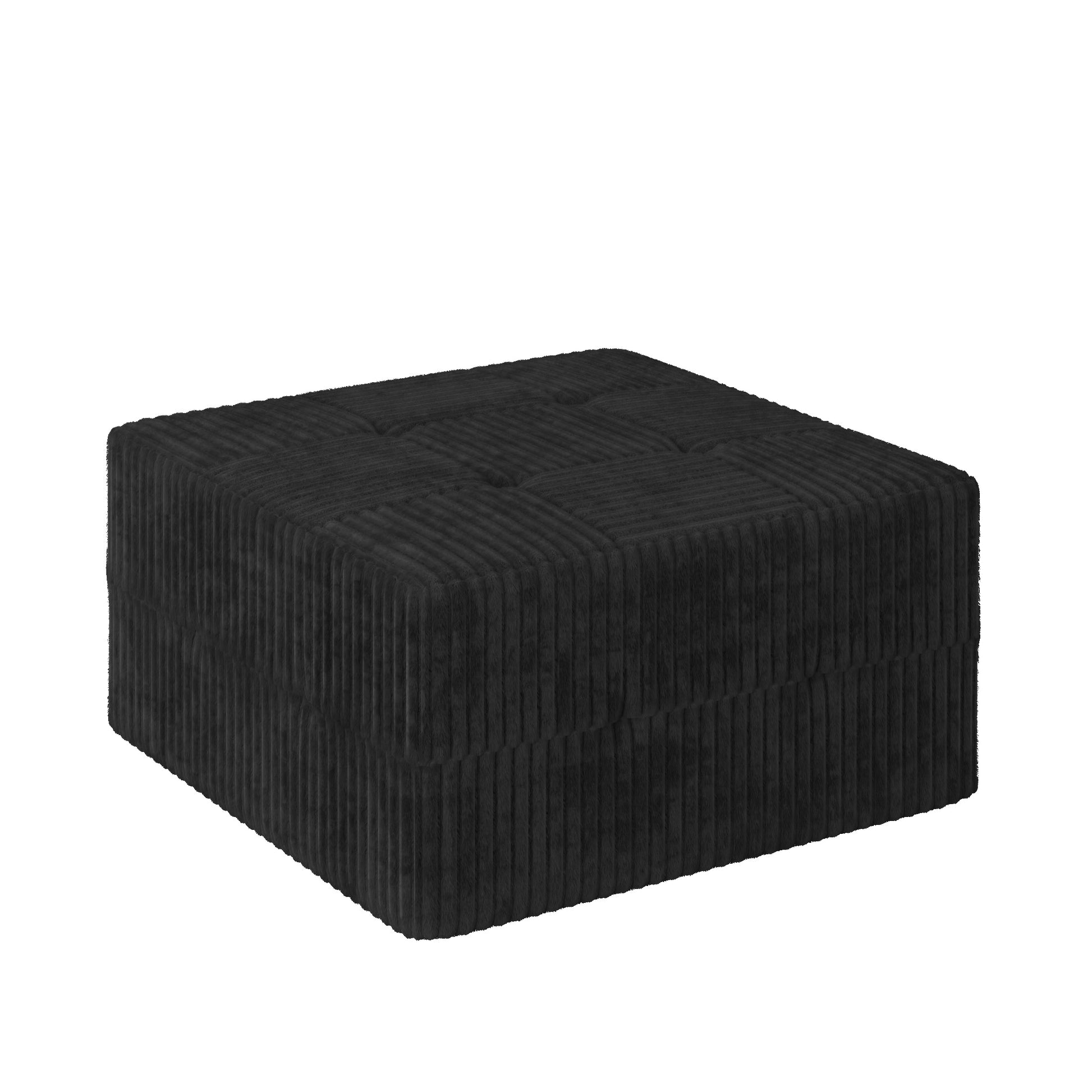 Black corduroy ottoman with tufted top perfect for footrest or extra seating