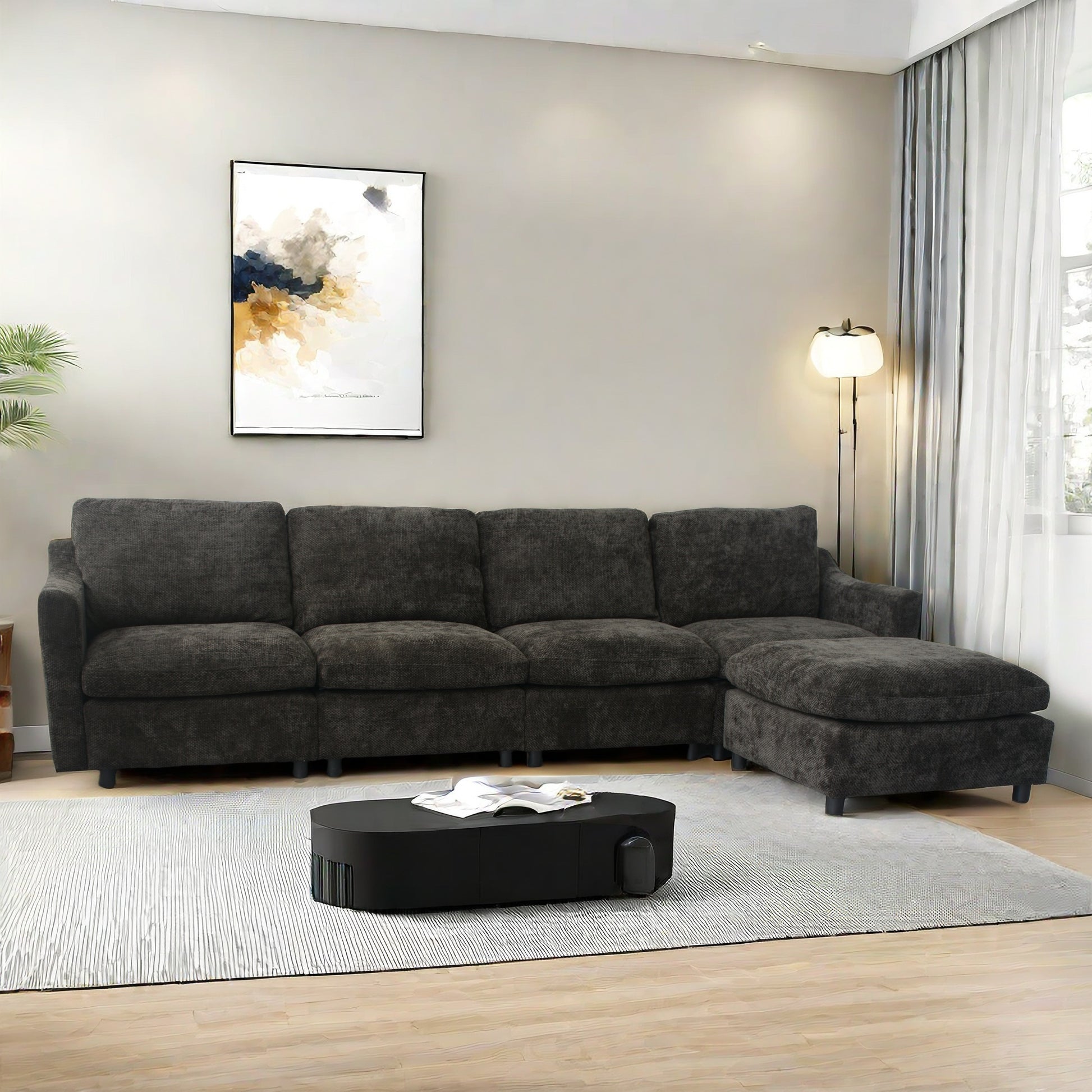 Dark charcoal sectional sofa with chaise and textured upholstery modern living room essential