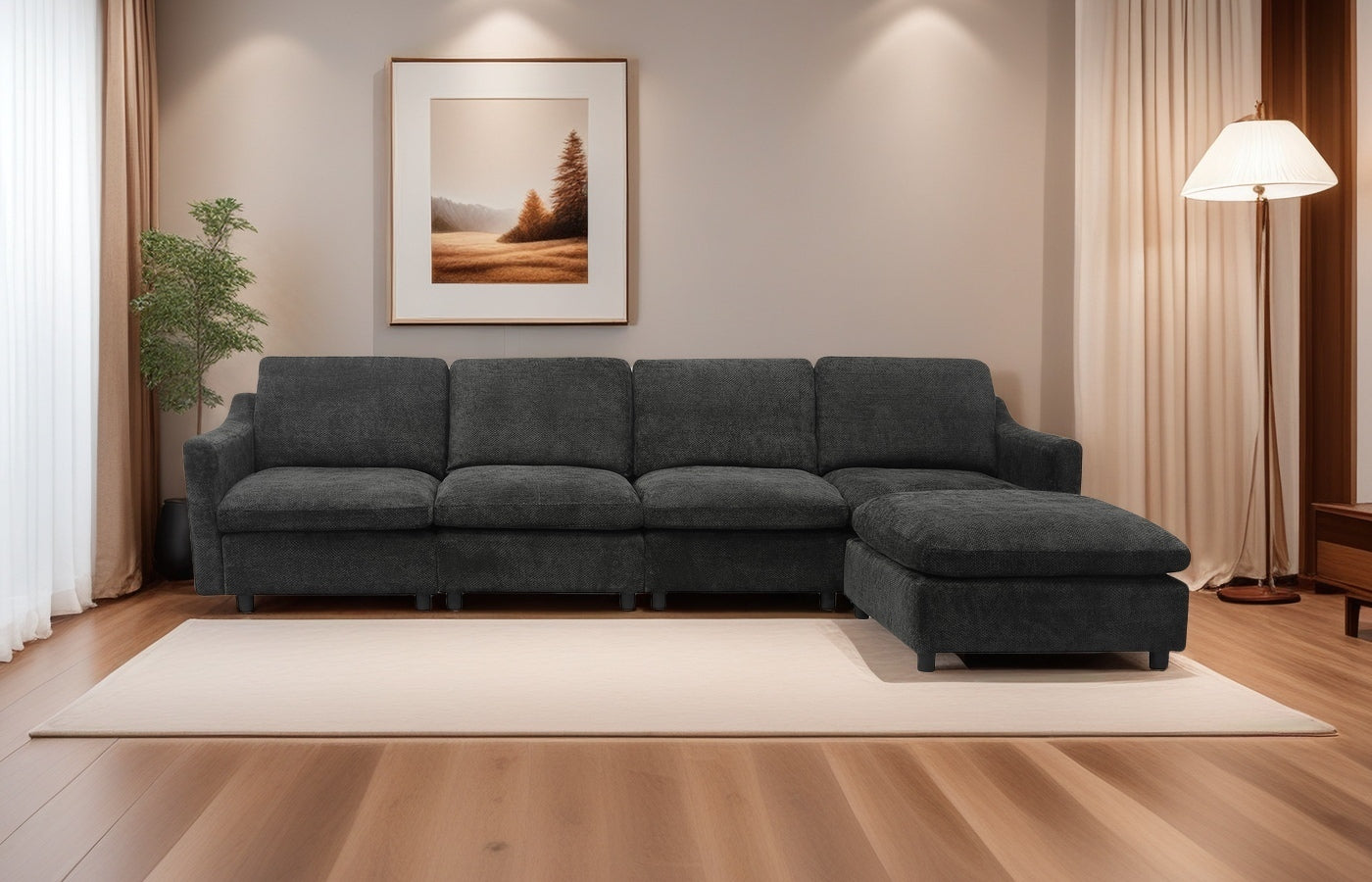 Dark charcoal modular sectional sofa with plush cushions perfect for spacious living rooms