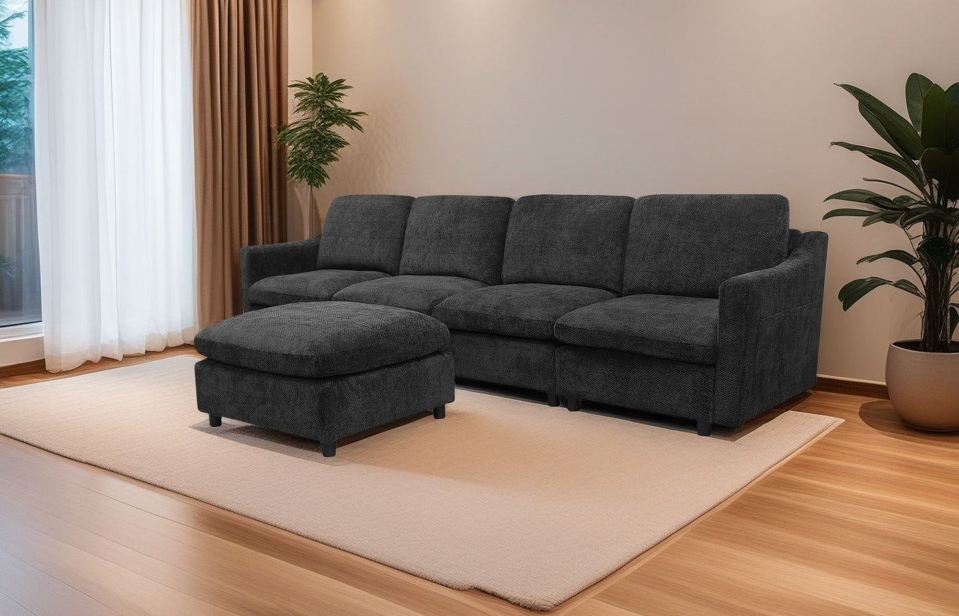 Dark charcoal fabric sectional sofa with matching ottoman modern design