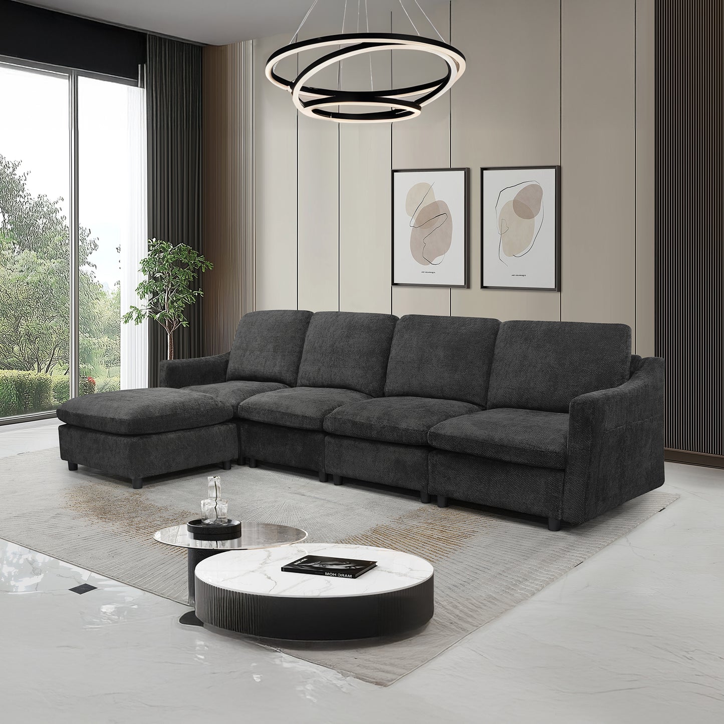 Charcoal grey fabric sectional sofa with chaise lounge perfect for modern living rooms