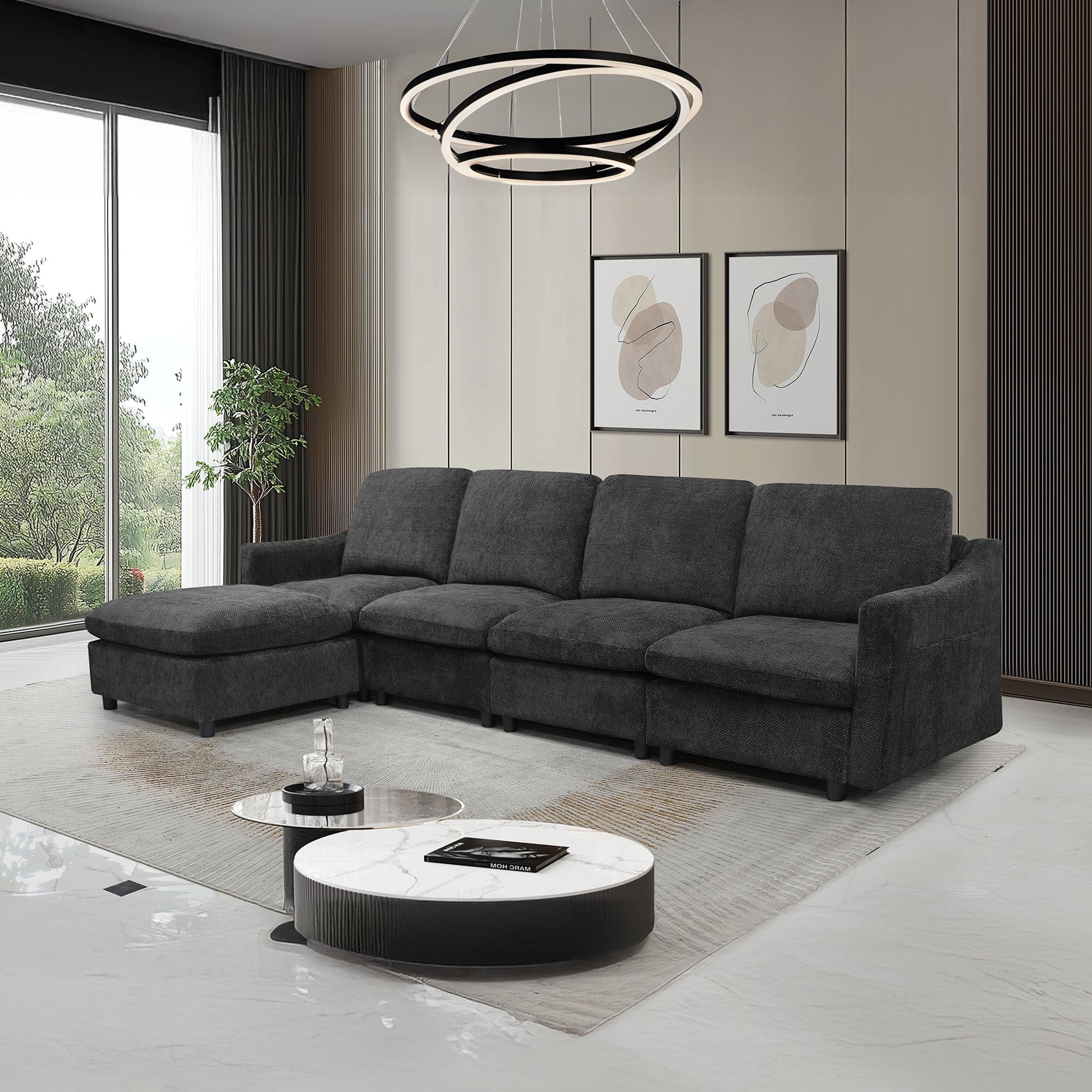 Charcoal grey fabric sectional sofa with chaise lounge perfect for modern living rooms