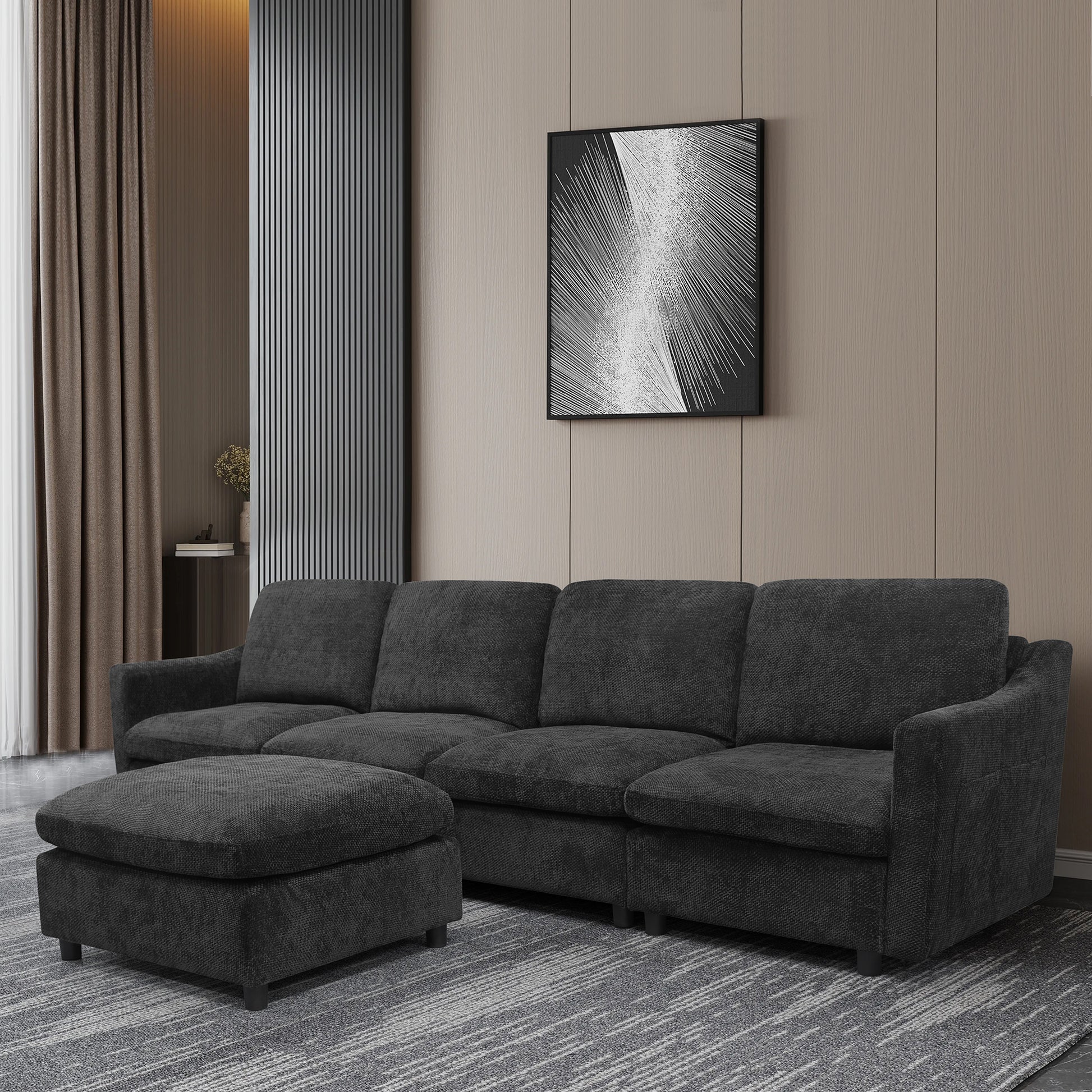 Charcoal grey fabric sectional sofa with ottoman perfect for living room seating