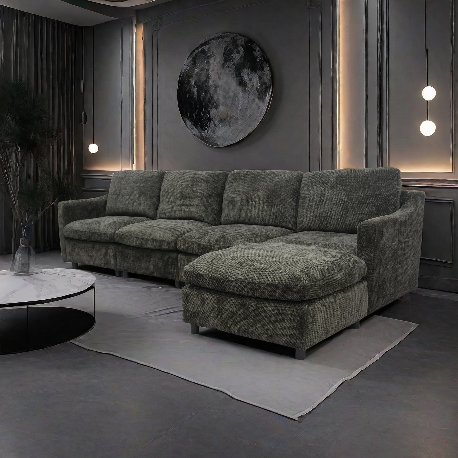 Dark grey textured fabric sectional sofa with chaise lounge perfect for modern living rooms