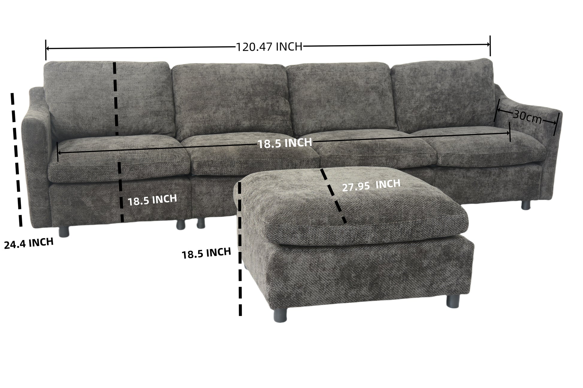 Charcoal grey fourseater sofa with matching ottoman textured fabric modern design