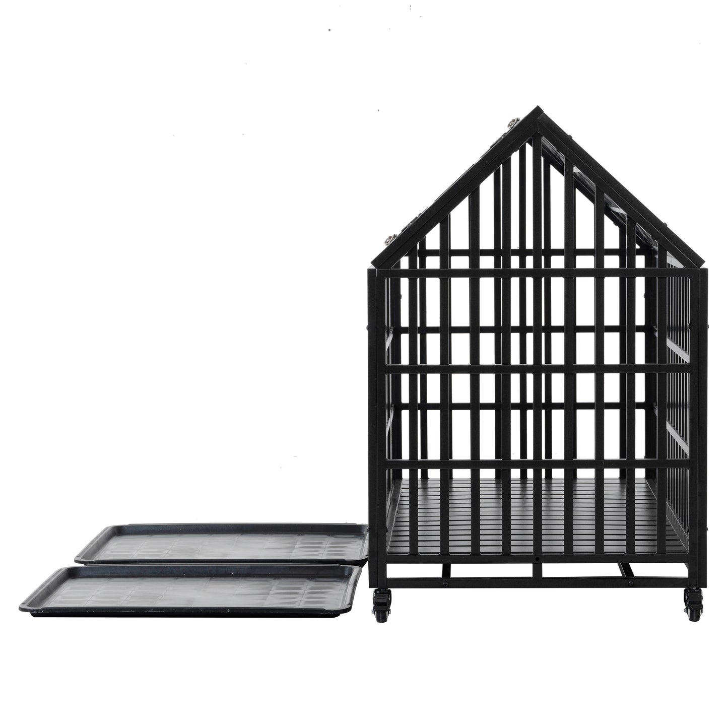 Black metal dog crate with peaked roof design and two pullout trays for easy cleaning