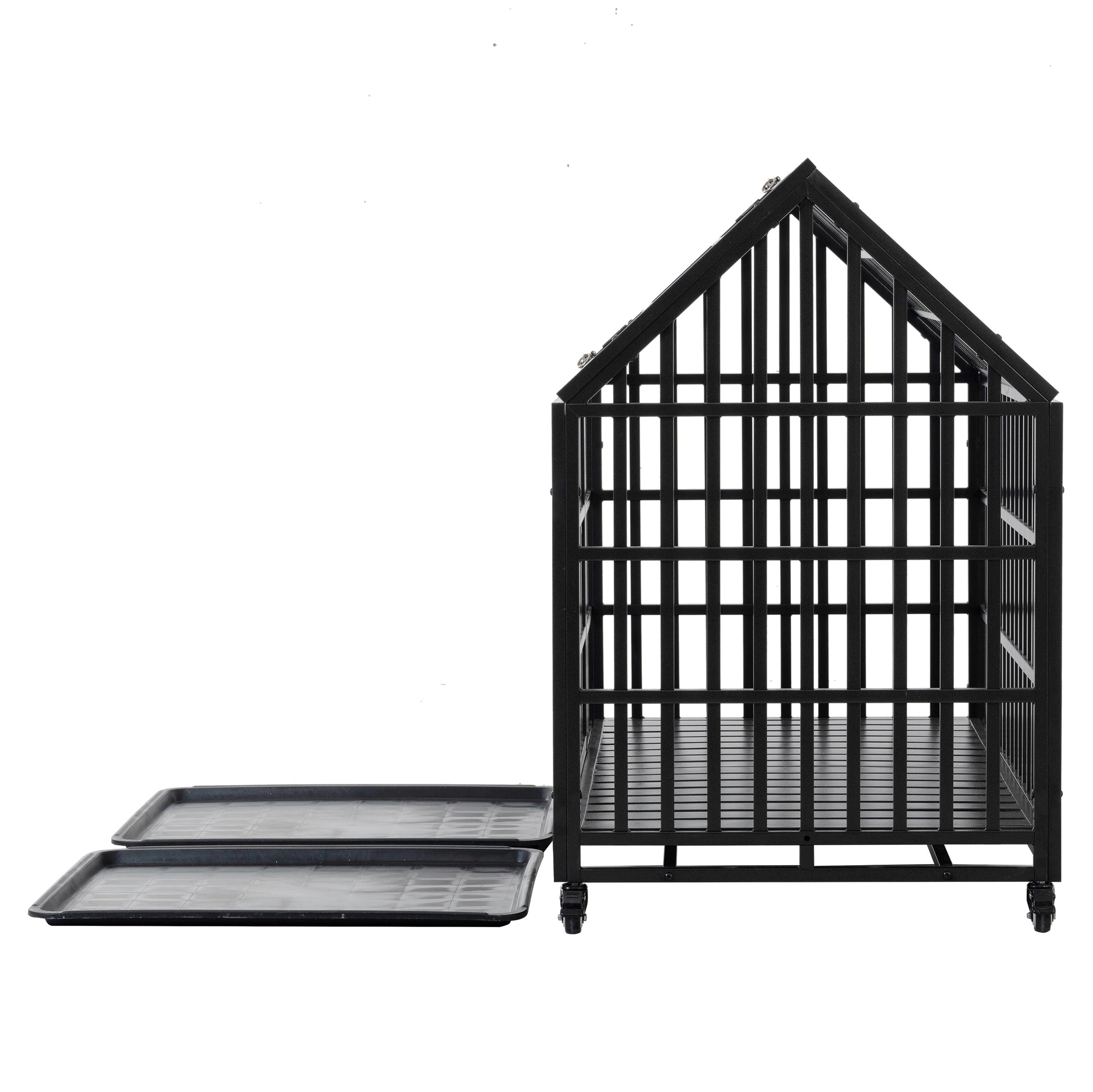 Black metal dog crate with peaked roof design and two pullout trays for easy cleaning