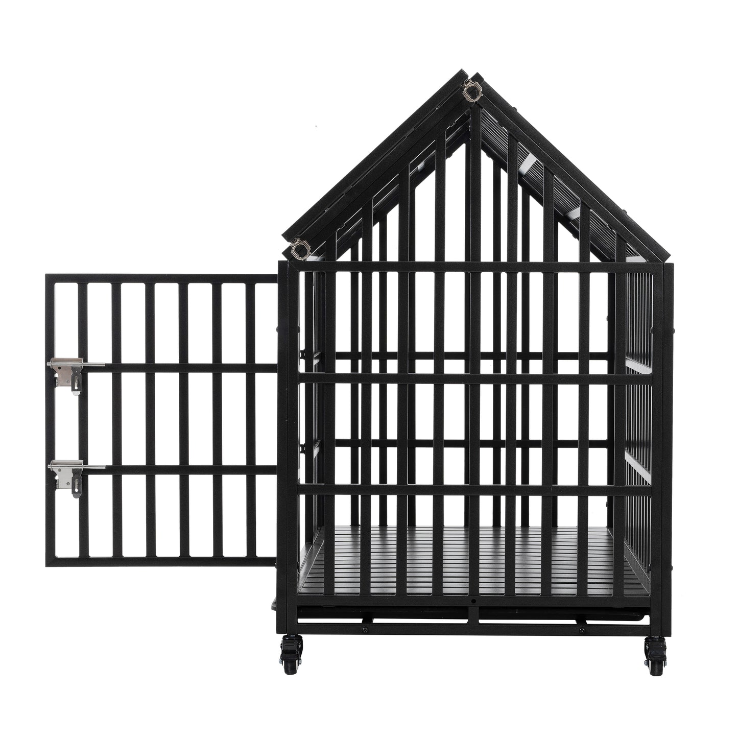 Heavyduty black metal dog crate with peaked roof and front gate open for pet access
