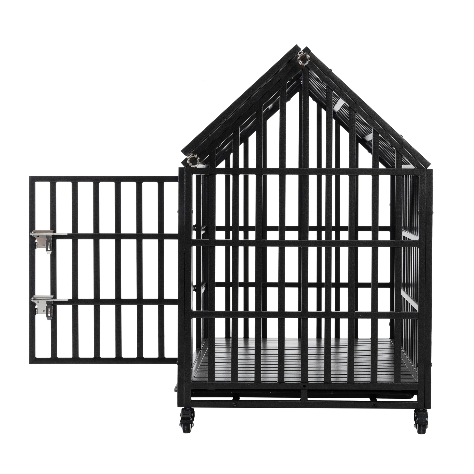 Heavyduty black metal dog crate with peaked roof and front gate open for pet access