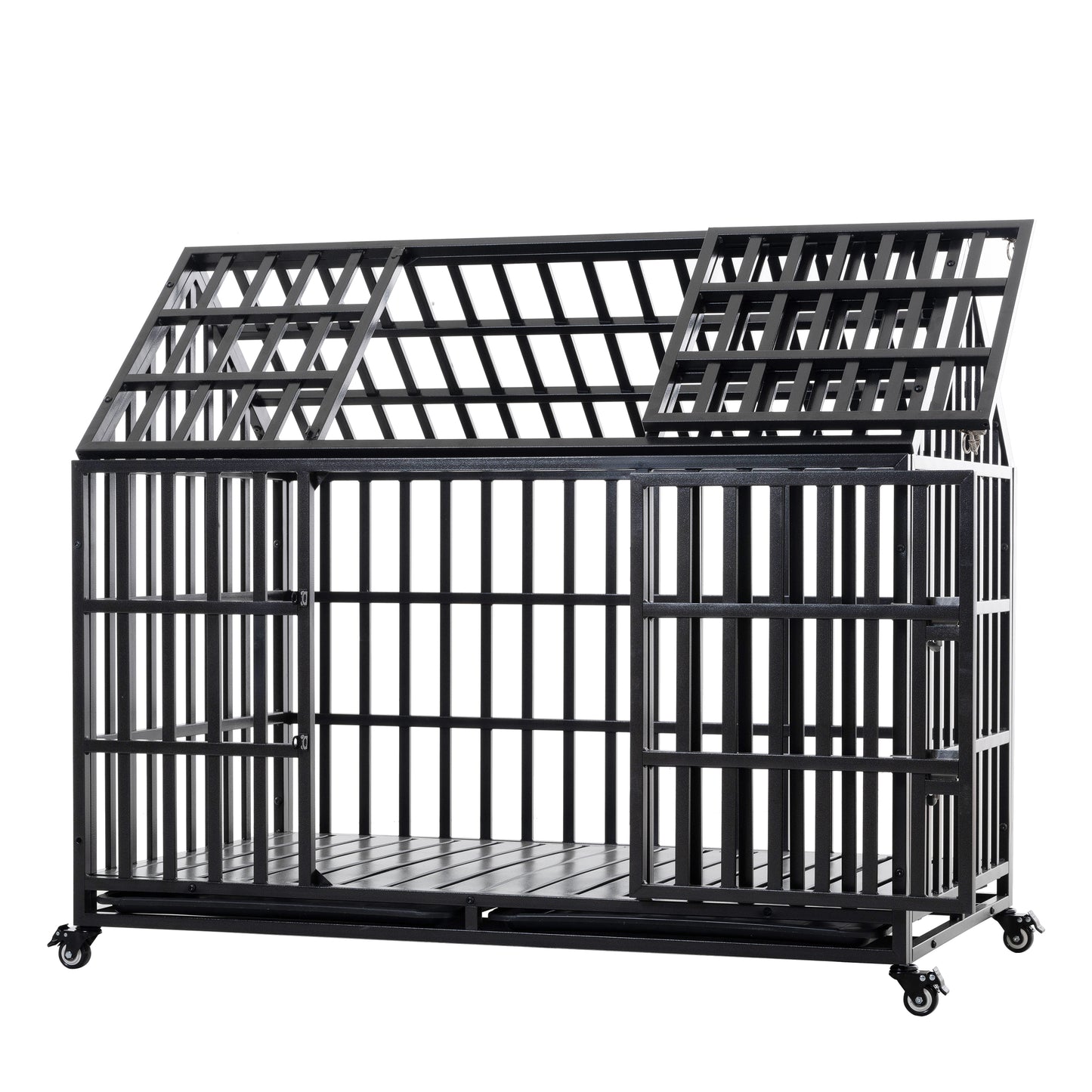Heavyduty black metal dog crate with double doors and wheels for easy transport