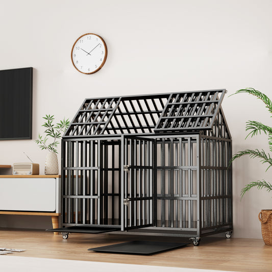 Heavyduty black metal dog kennel with a houseshaped roof and wheeled base