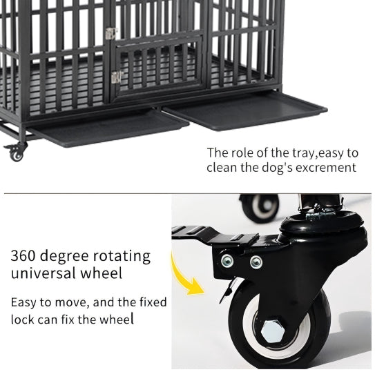 Heavyduty black metal dog crate with pullout tray for easy cleaning