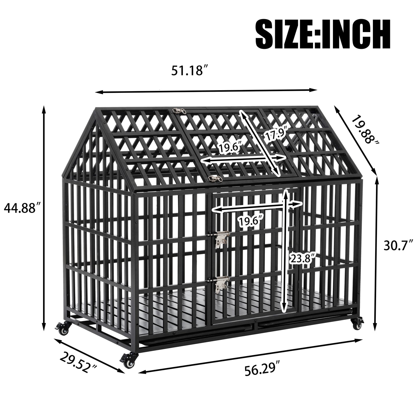Durable black metal dog crate with a houseshaped roof and rolling wheels