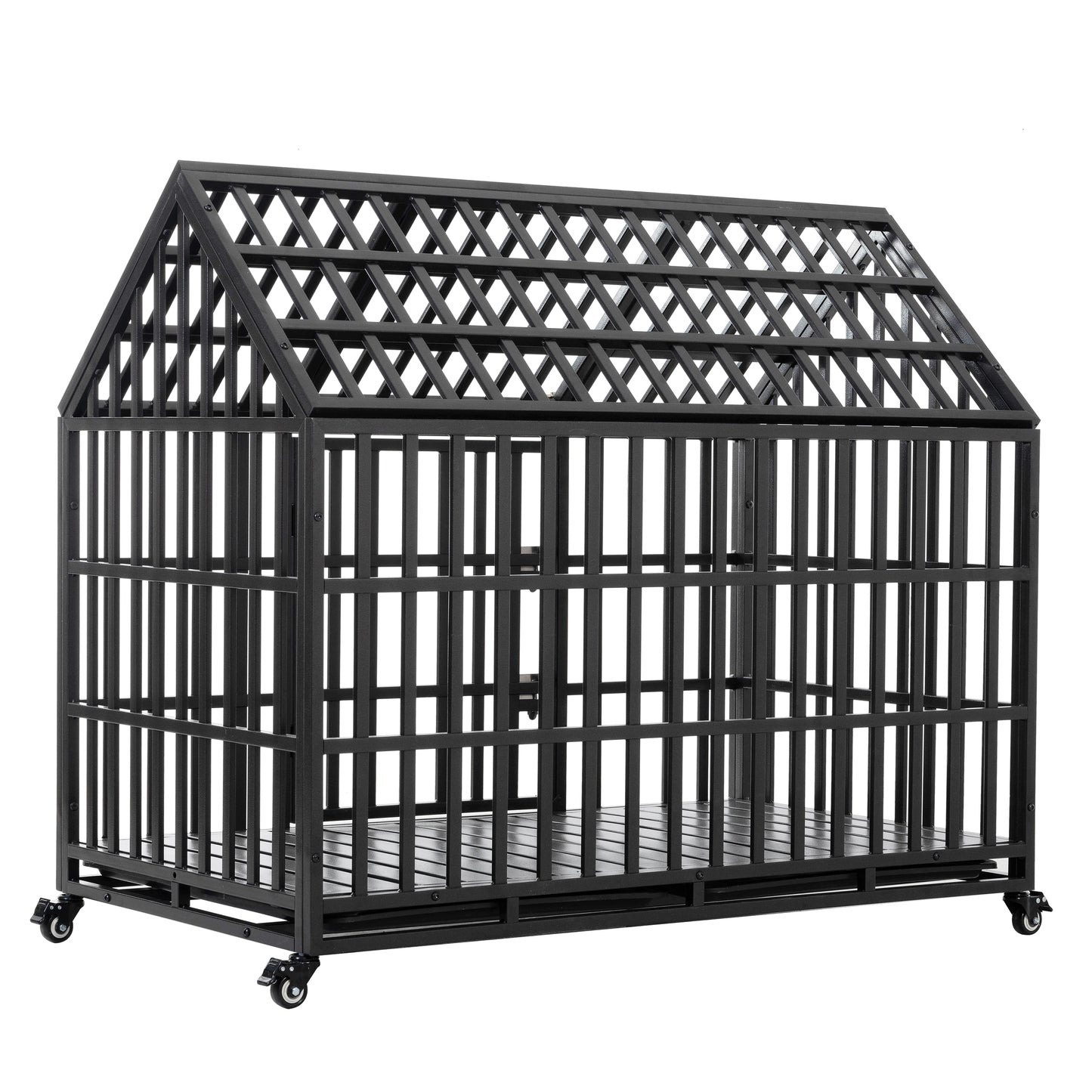 Heavyduty black metal dog crate with wheeled base and peaked roof design