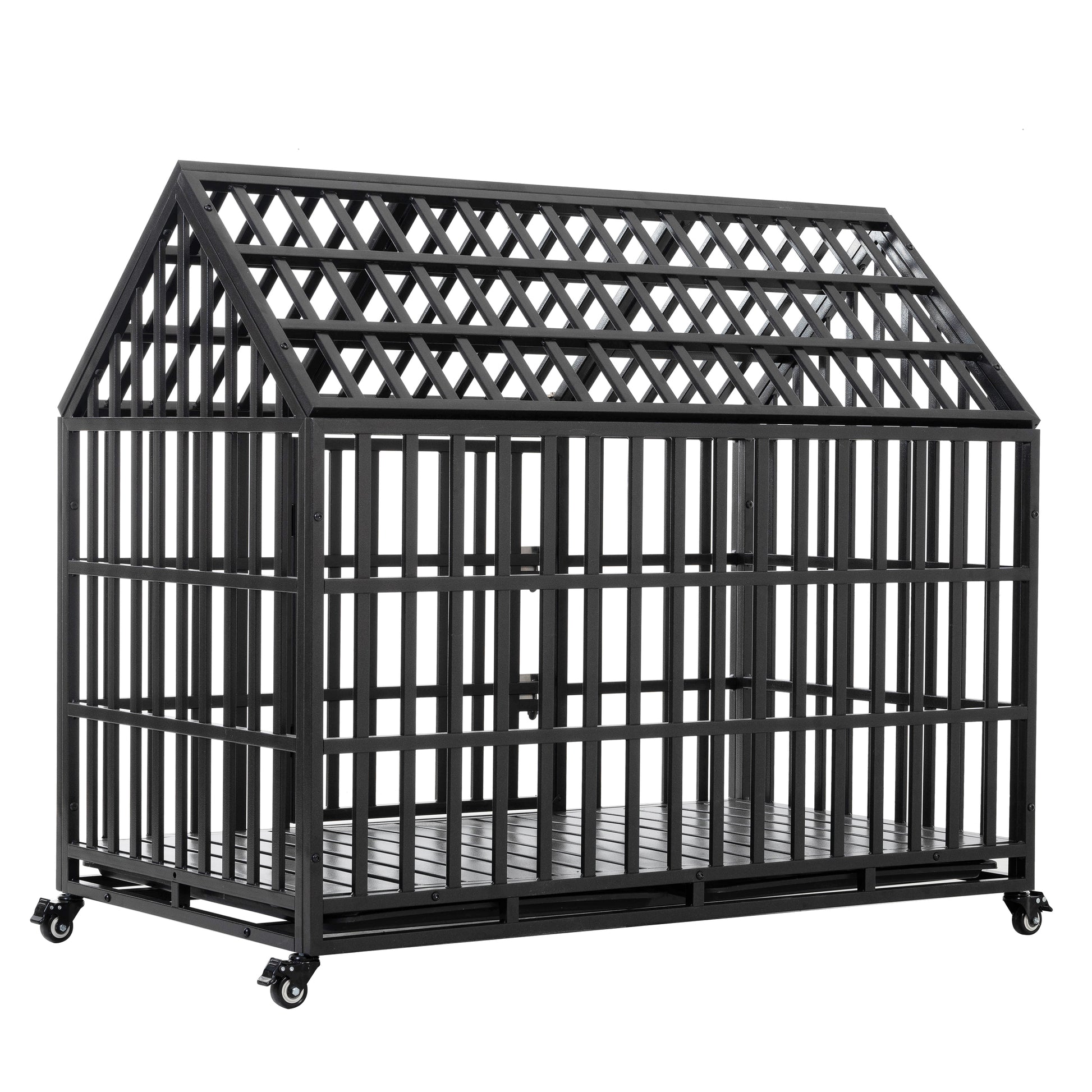 Heavyduty black metal dog crate with wheeled base and peaked roof design
