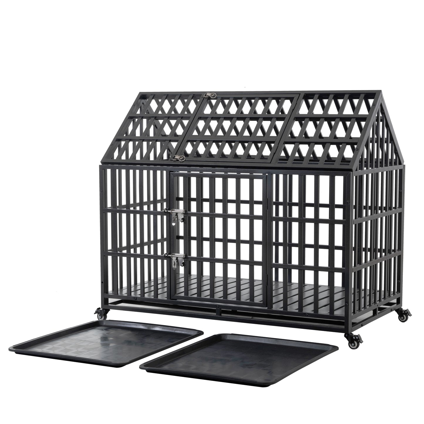 Heavyduty black metal dog crate with dual doors and removable trays perfect for large breeds