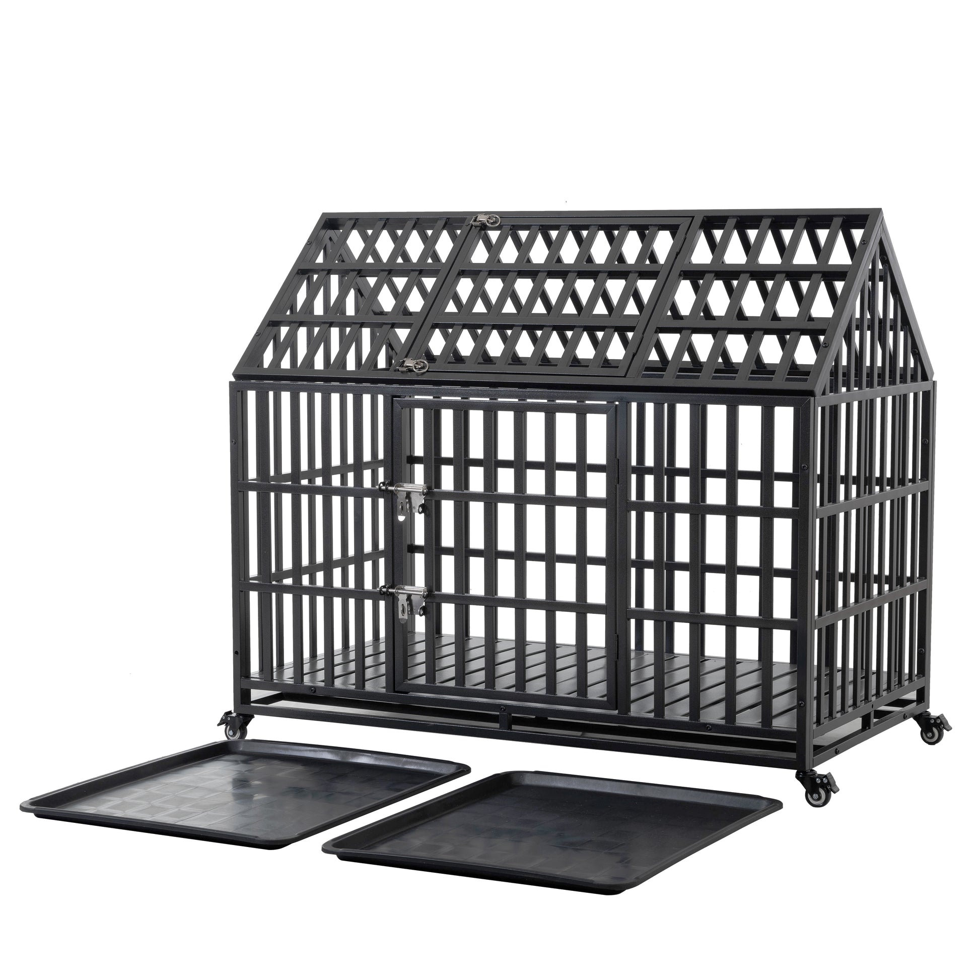 Heavyduty black metal dog crate with dual doors and removable trays perfect for large breeds