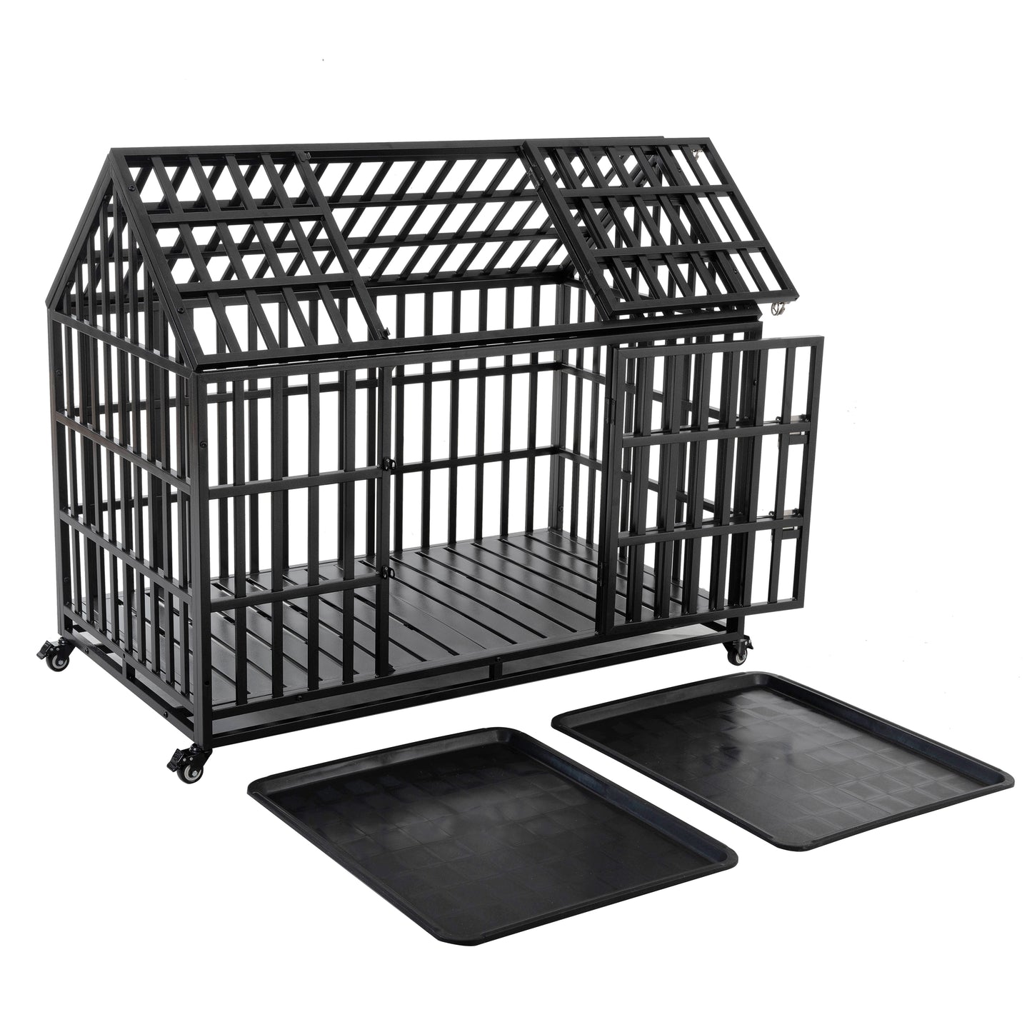 Black metal dog kennel with a sloped roof and removable tray featuring wheels