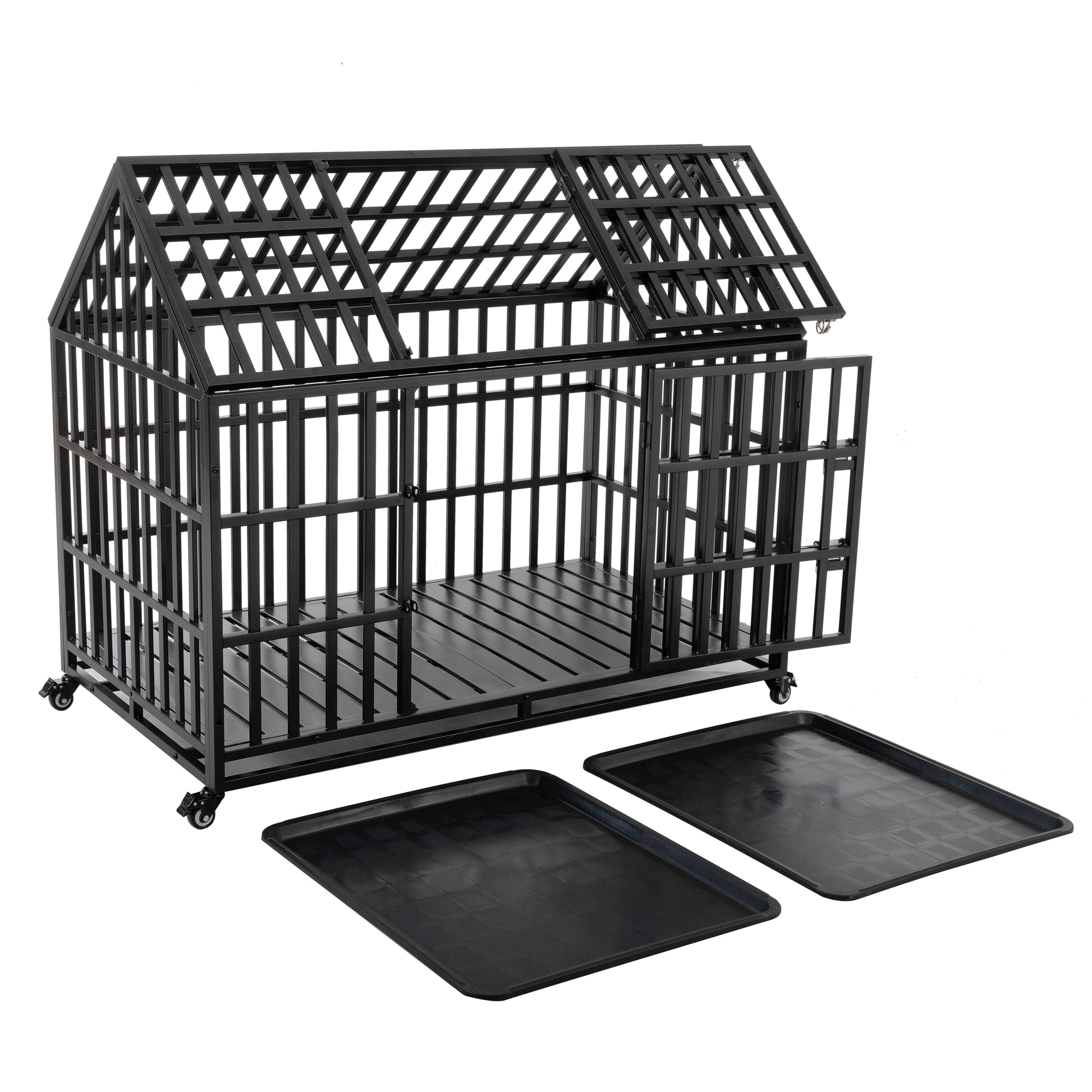 Black metal dog kennel with a sloped roof and removable tray featuring wheels