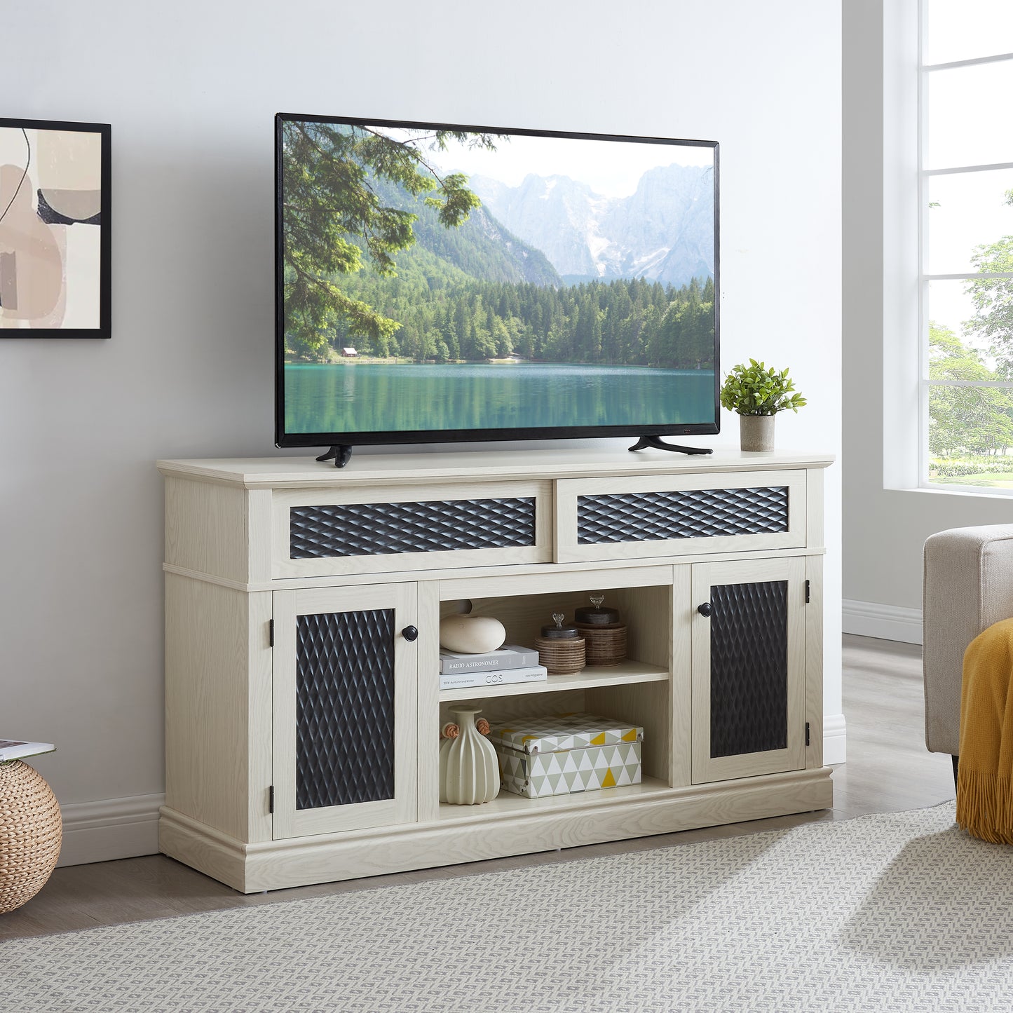 Light oak finish TV stand with black diamond mesh doors and two drawers