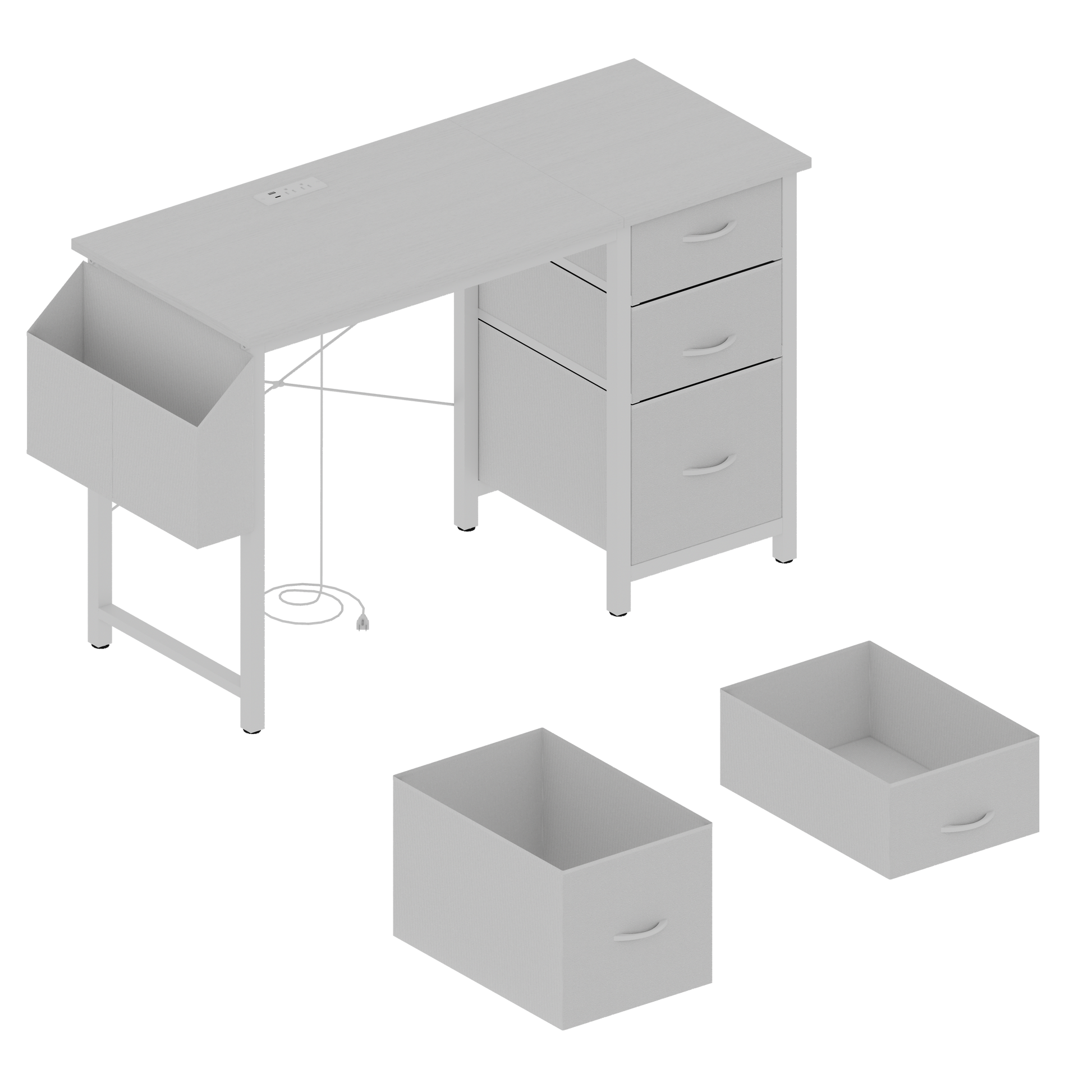 Light gray desk with drawers and builtin power outlet ideal for home office setup