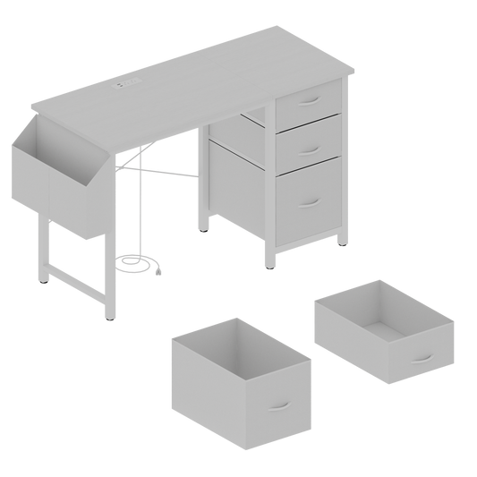 Light gray desk with drawers and builtin power outlet ideal for home office setup