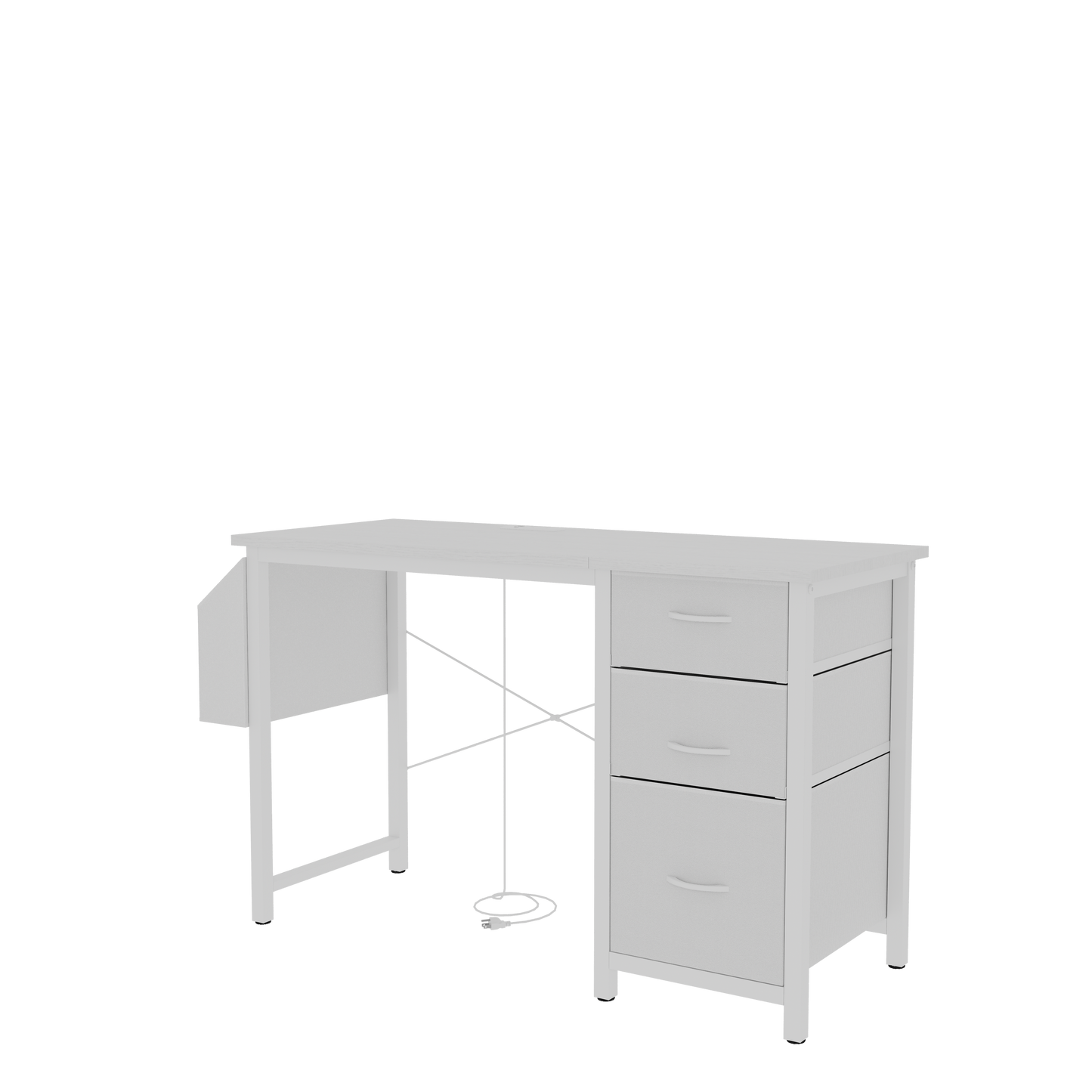 White modern computer desk with three drawers and an attached side shelf for home office