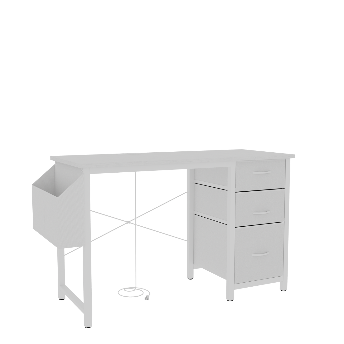 White modern desk with three drawers and a side bin for storage