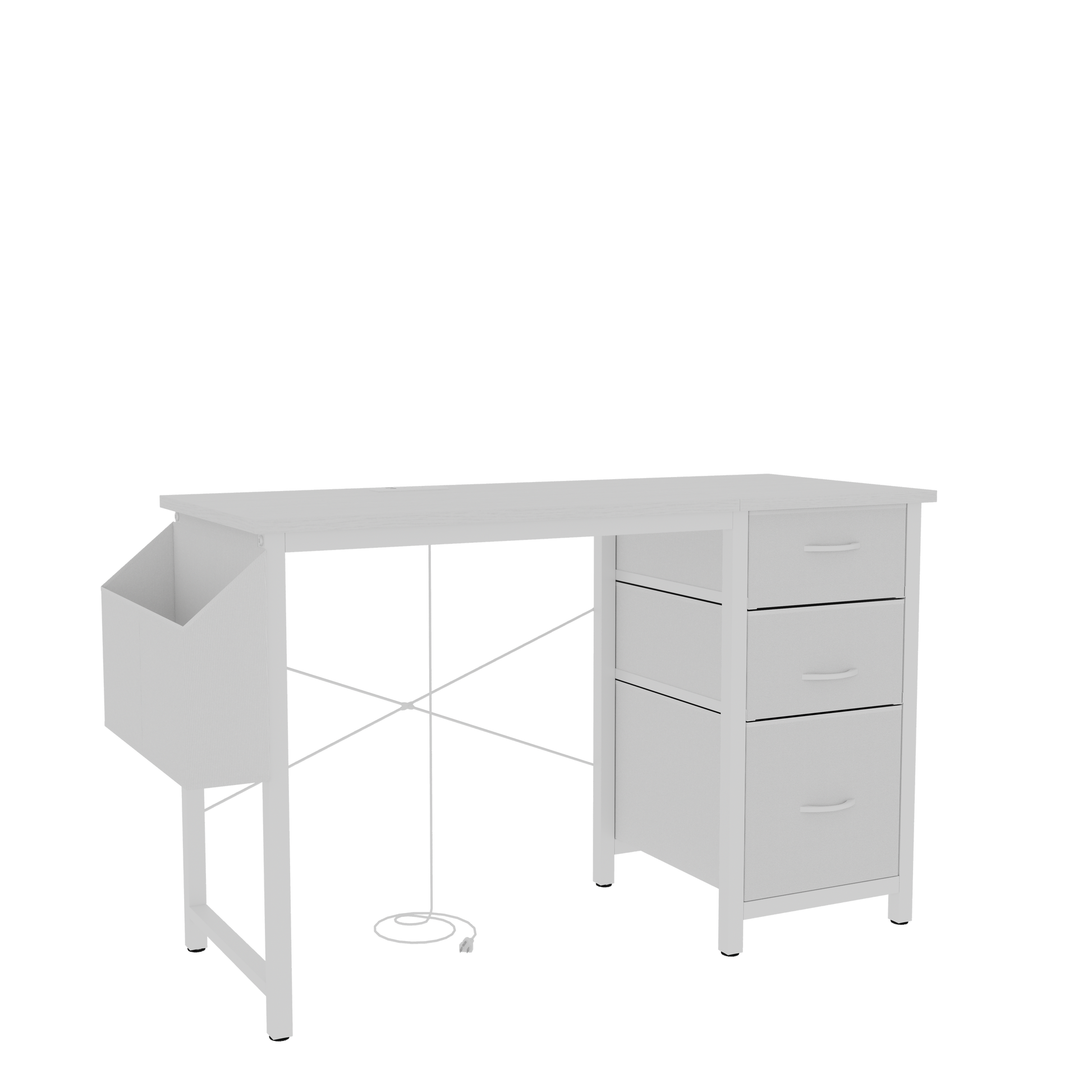 White modern desk with three drawers and a side bin for storage