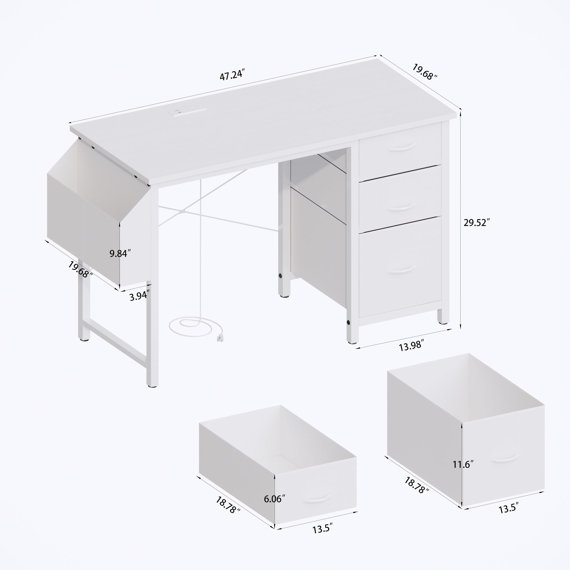 White metal writing desk with attached magazine holder and three drawers perfect for small spaces