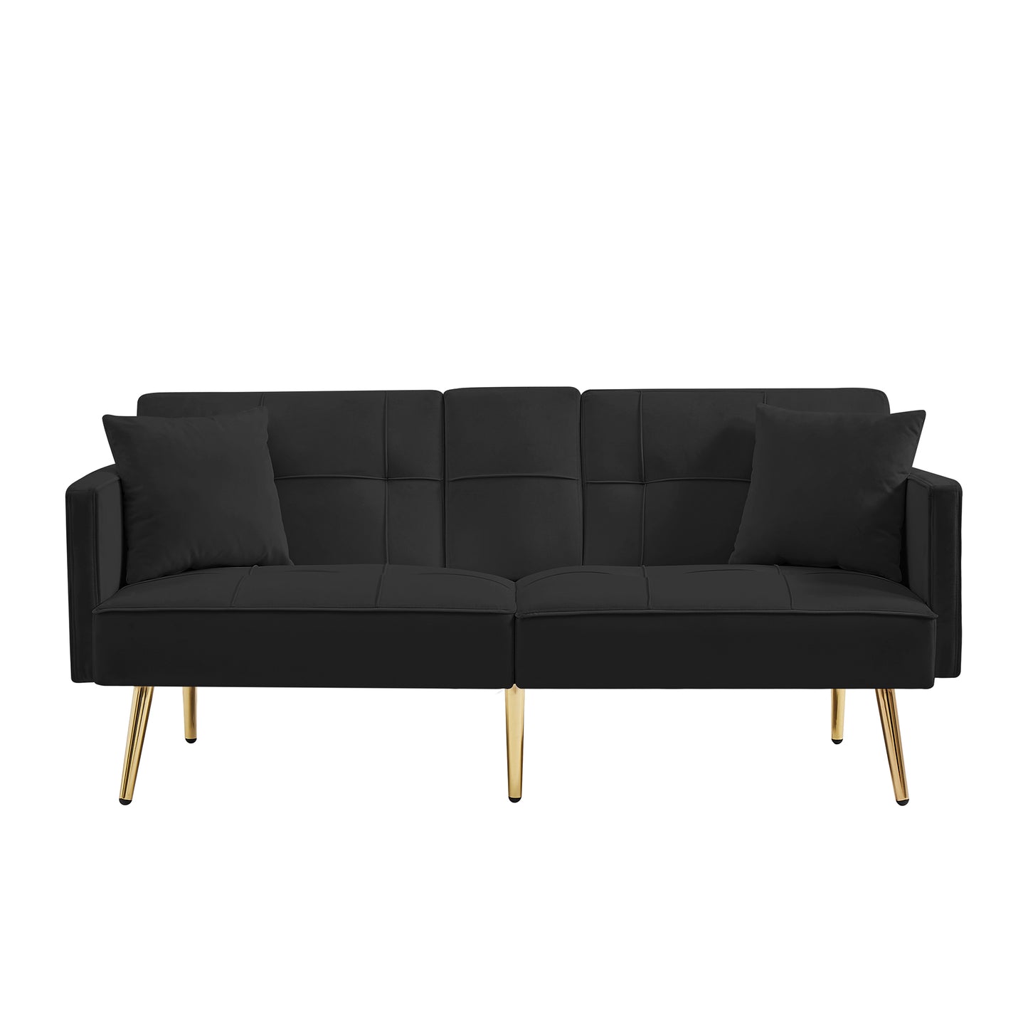 Black velvet sofa with tufted cushions and gold legs
