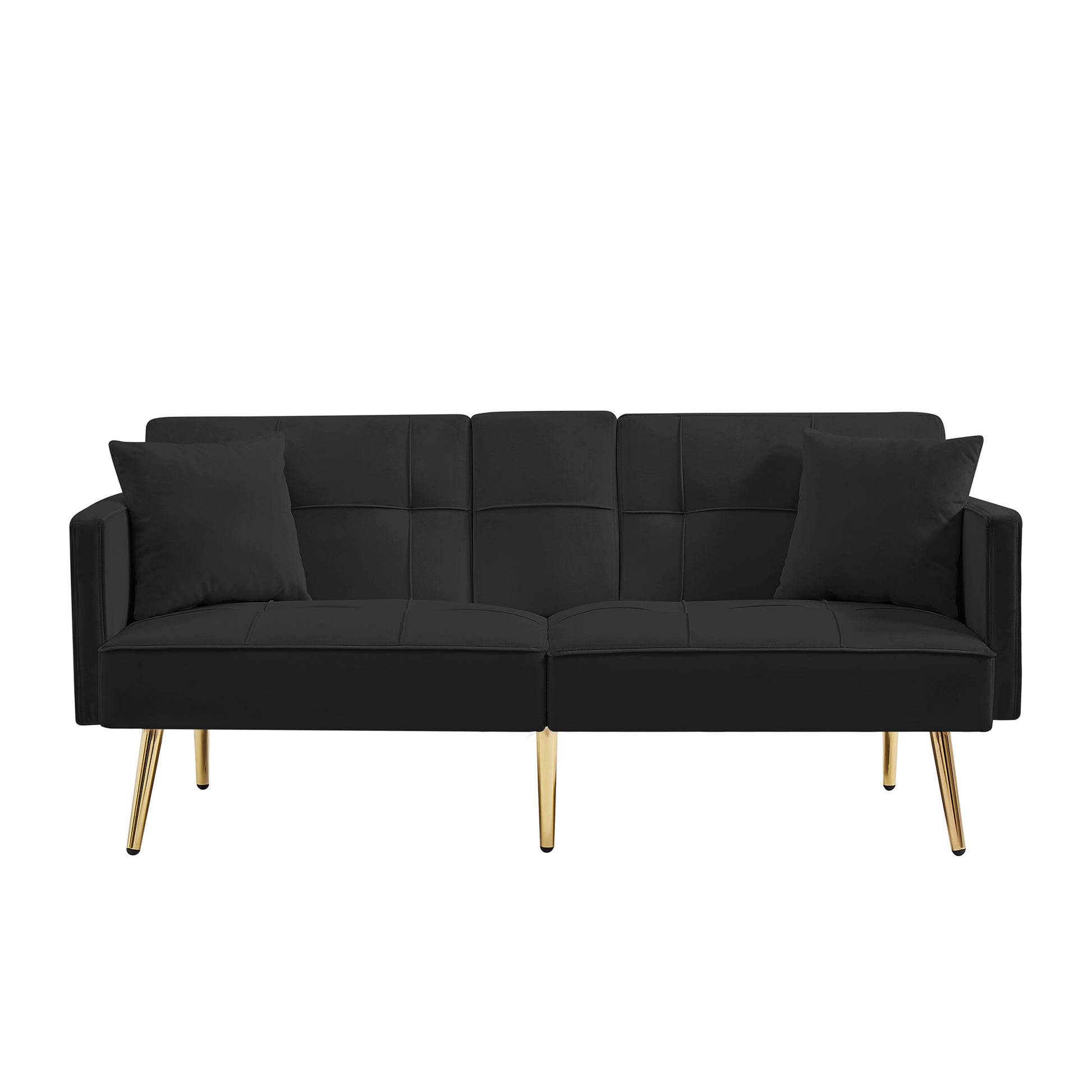 Black velvet sofa with tufted cushions and gold legs