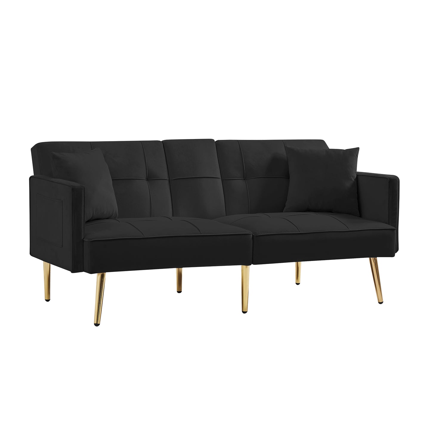 Black velvet sofa with tufted cushions and gold legs perfect for modern living rooms