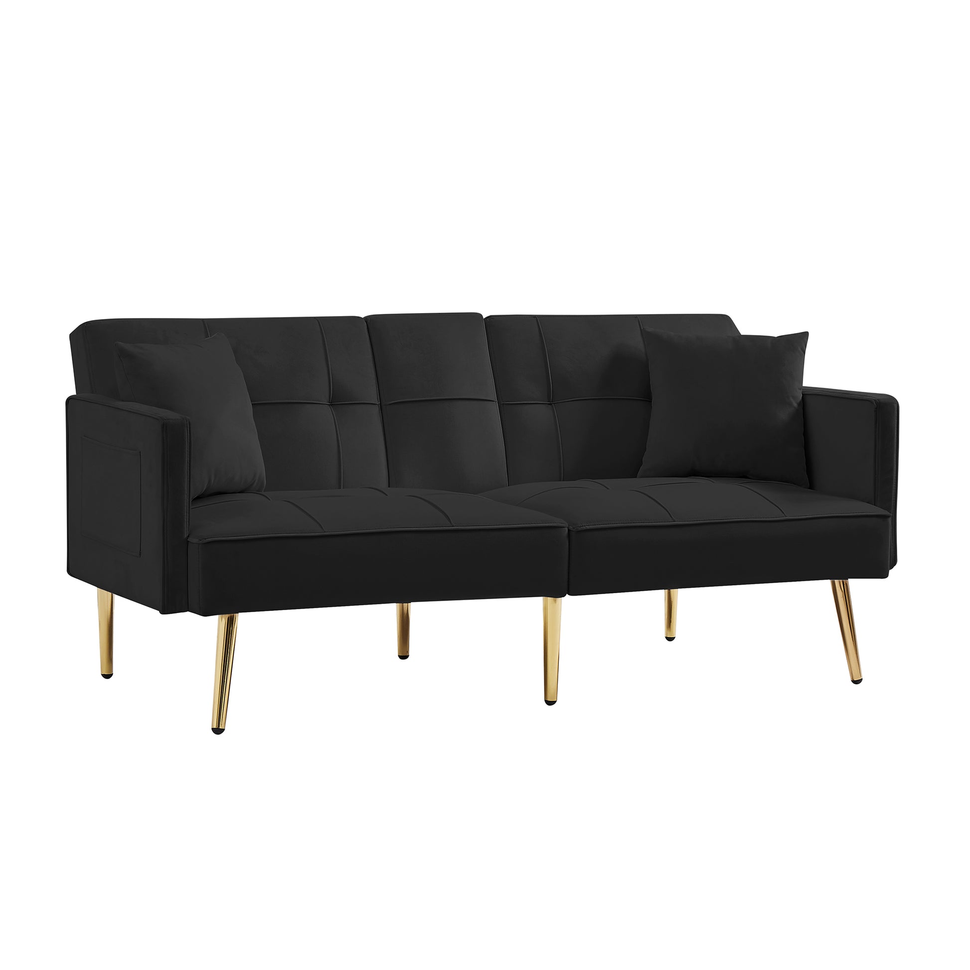 Black velvet sofa with tufted cushions and gold legs perfect for modern living rooms