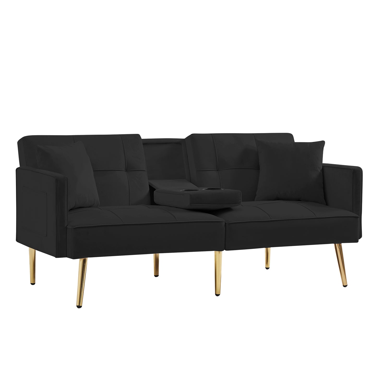 Black velvet convertible sofa with tufted cushions and gold legs features builtin cup holders