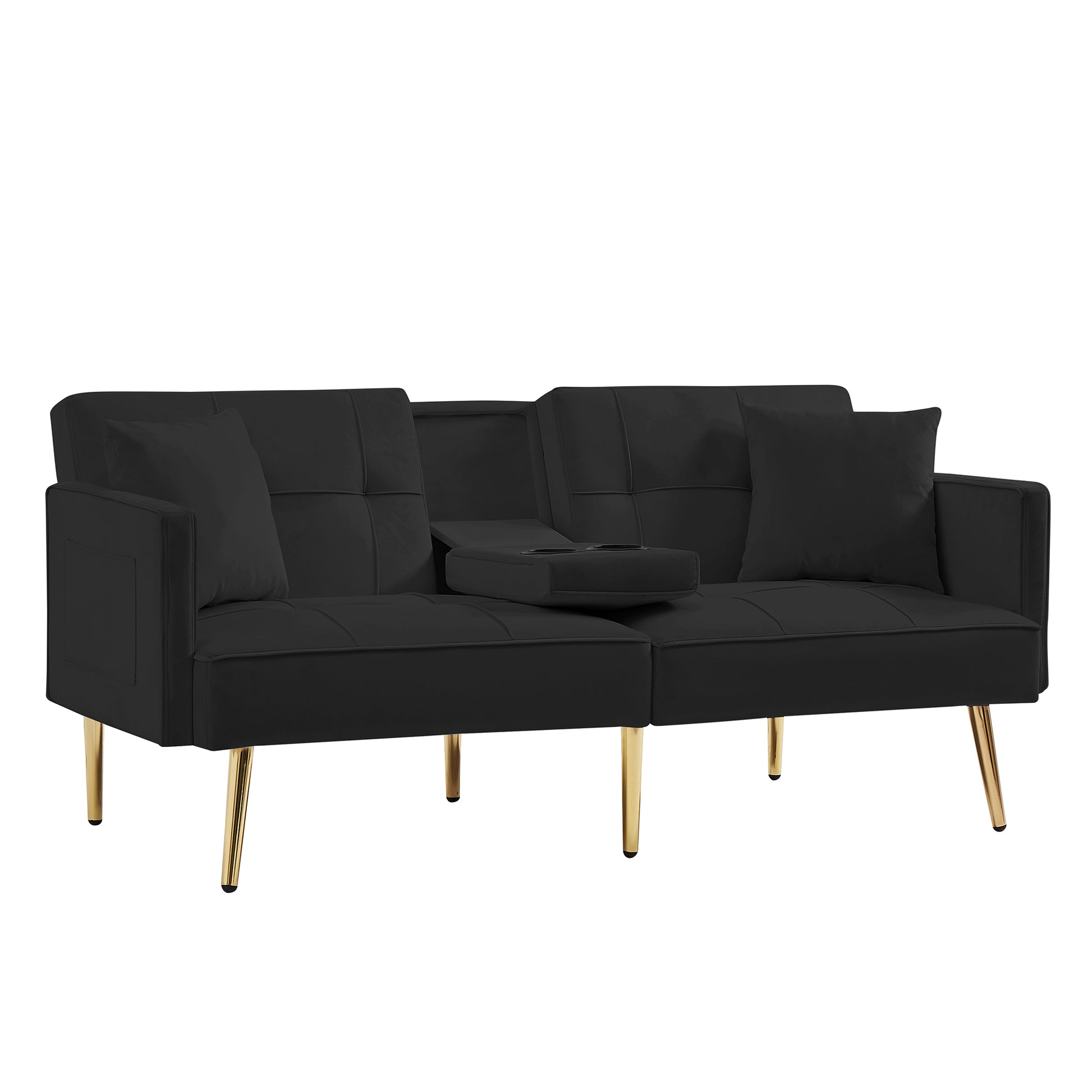 Black velvet convertible sofa with tufted cushions and gold legs features builtin cup holders