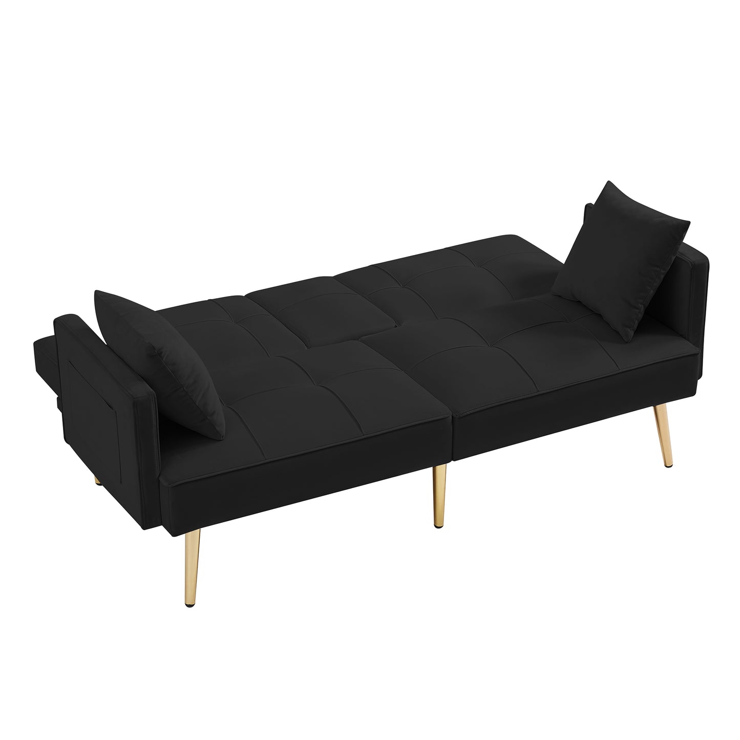 Black velvet futon sofa with tufted cushions and gold legs perfect for small apartments