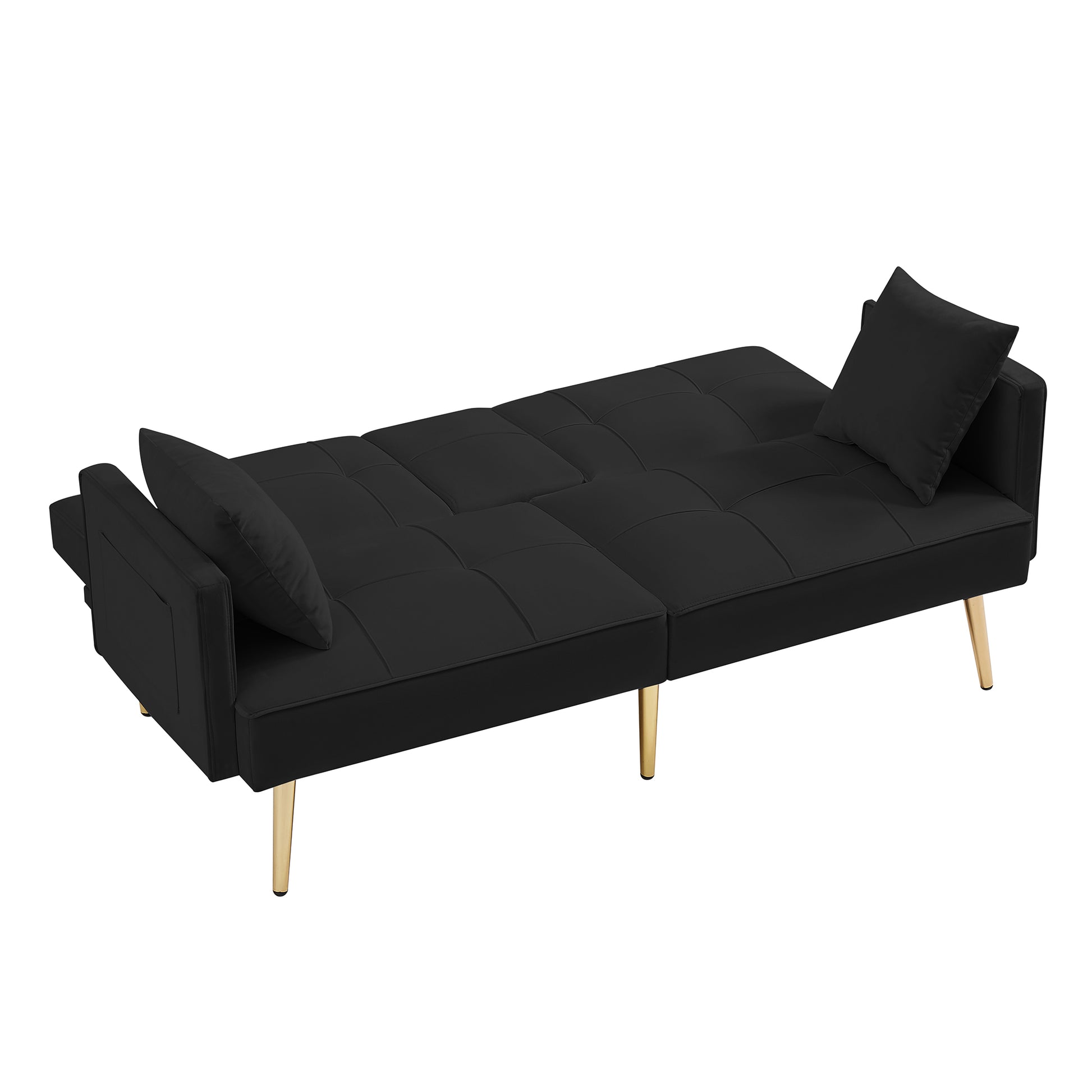 Black velvet futon sofa with tufted cushions and gold legs perfect for small apartments
