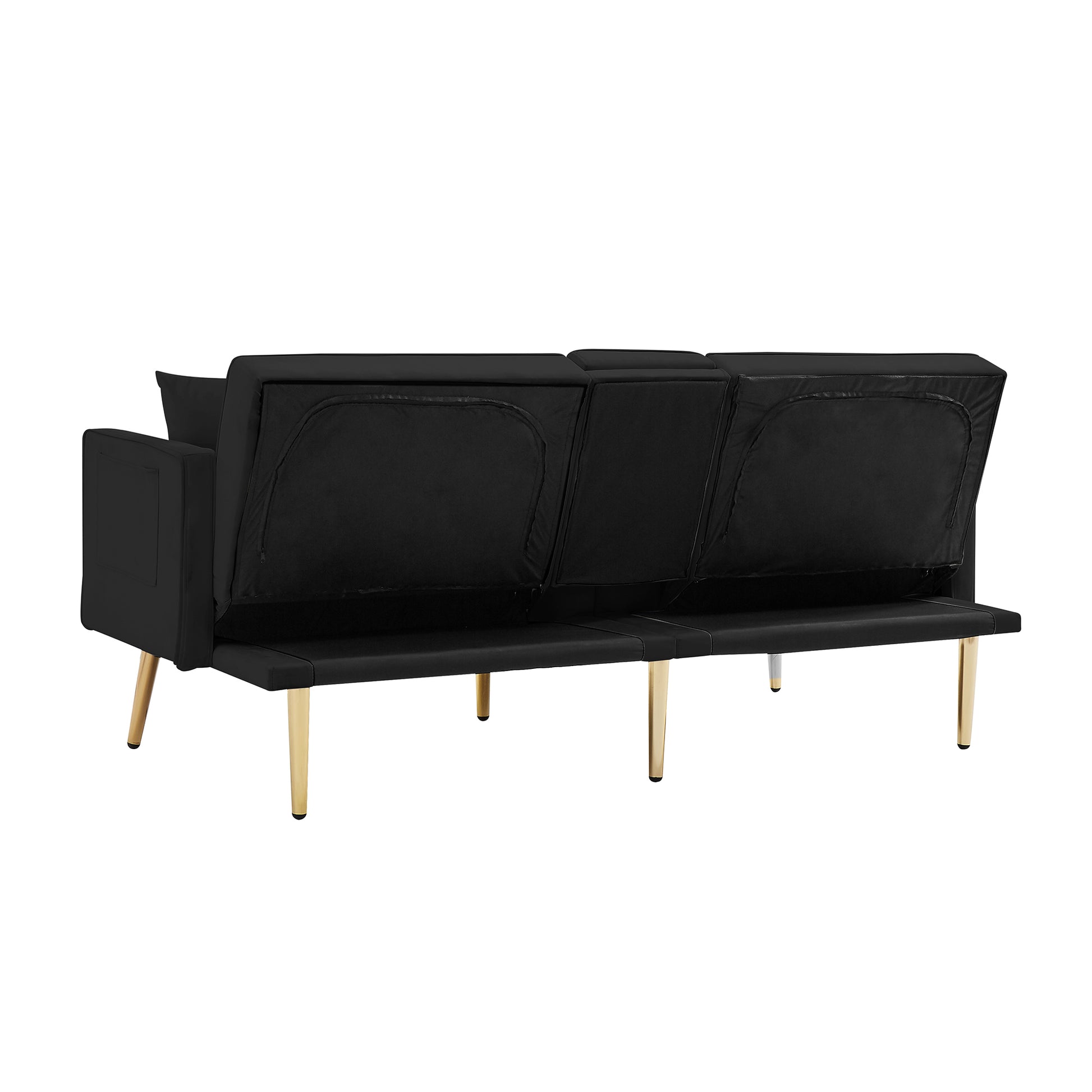 Black convertible futon sofa with gold tapered legs modern design for small spaces
