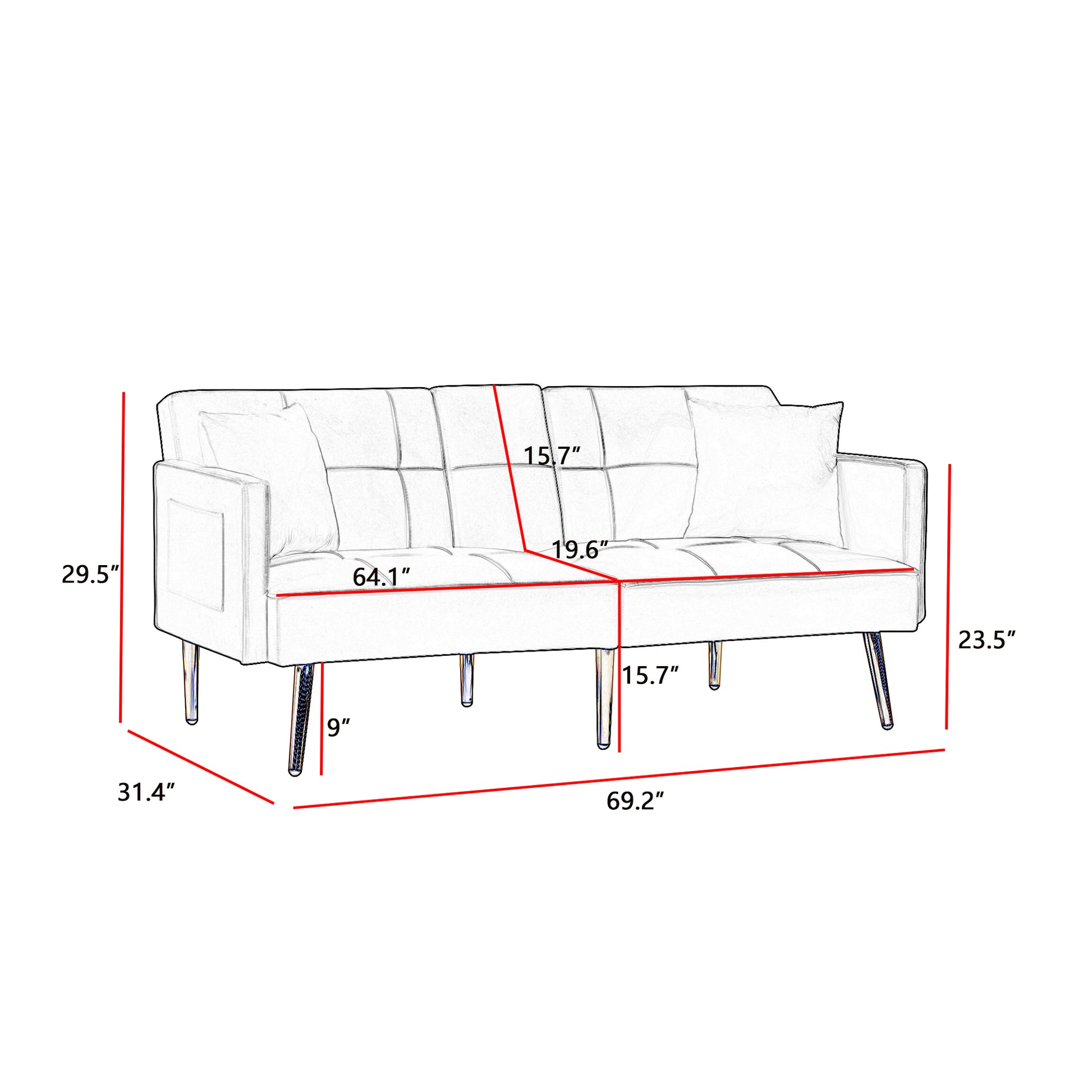 Line drawing of a modern grey fabric futon sofa with chrome legs and detailed dimensions