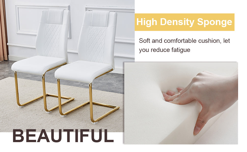 Two white faux leather dining chairs with gold sled legs and diamondstitched backs