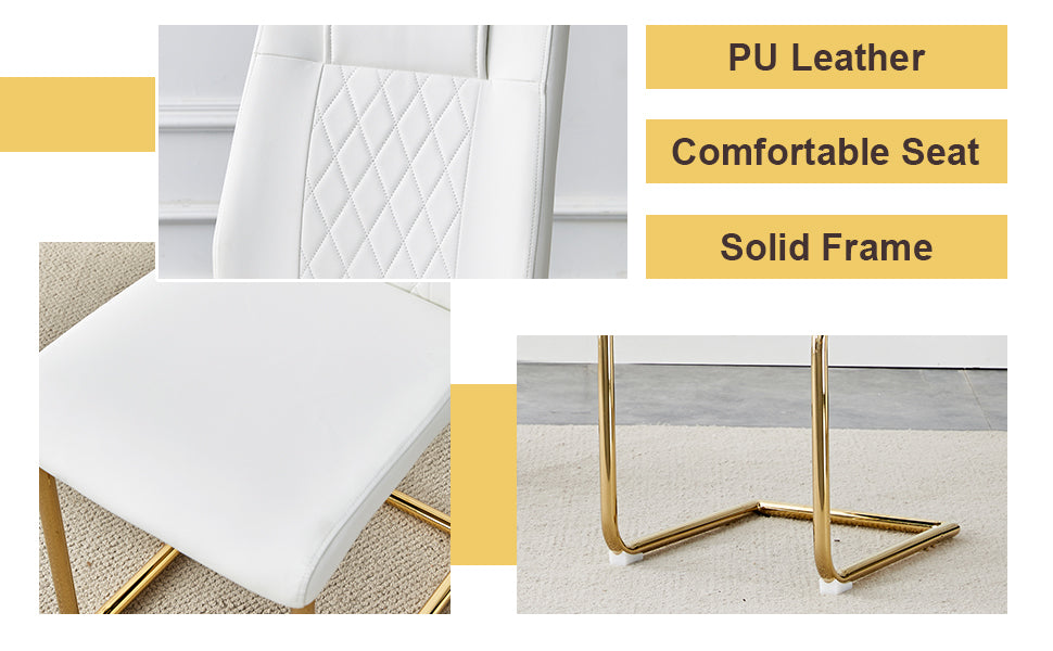 White PU leather dining chair with diamondstitched backrest and gold frame