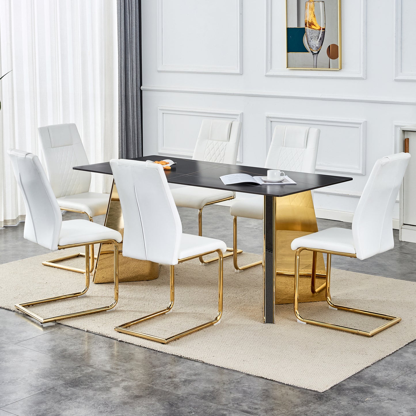 Modern white faux leather dining chairs with gold metal legs diamond tufting on seat