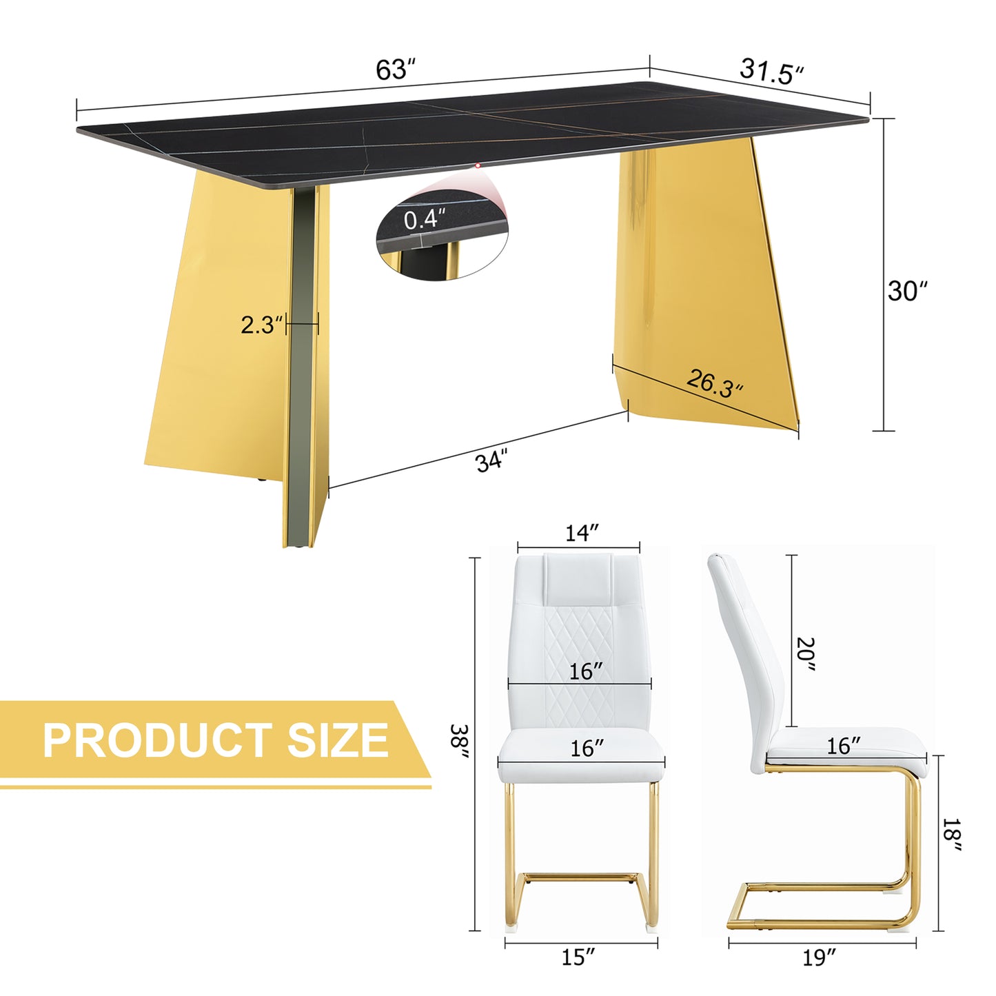 Modern dining table with black marble top and gold pedestal base dimensions shown