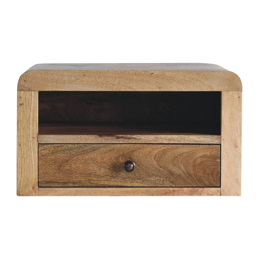 Natural mango wood bedside table with one drawer and open shelf