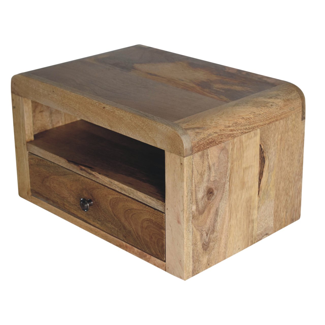 Solid mango wood bedside table with one drawer and open shelf